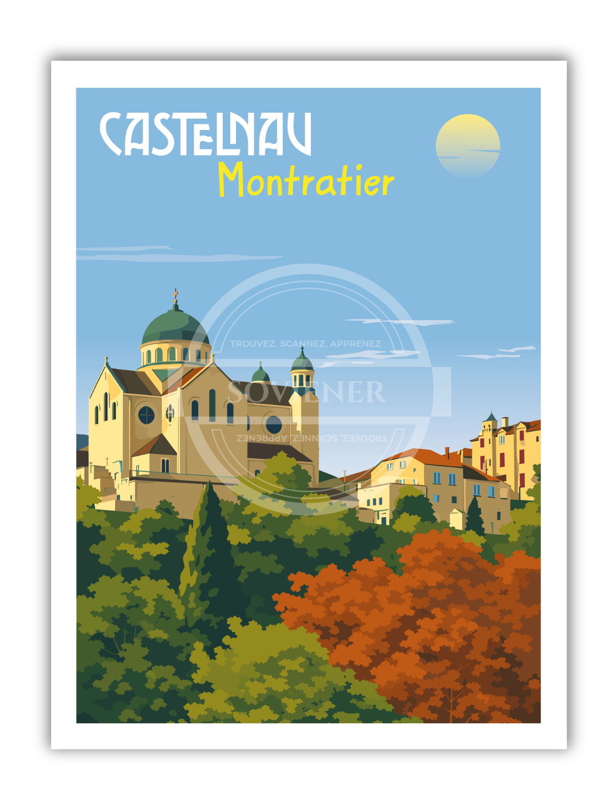 Affiche vintage Castelnau-Montratier illustrant l’église au dôme vert dominant les couleurs flamboyantes de l’automne quercynois, Lot.