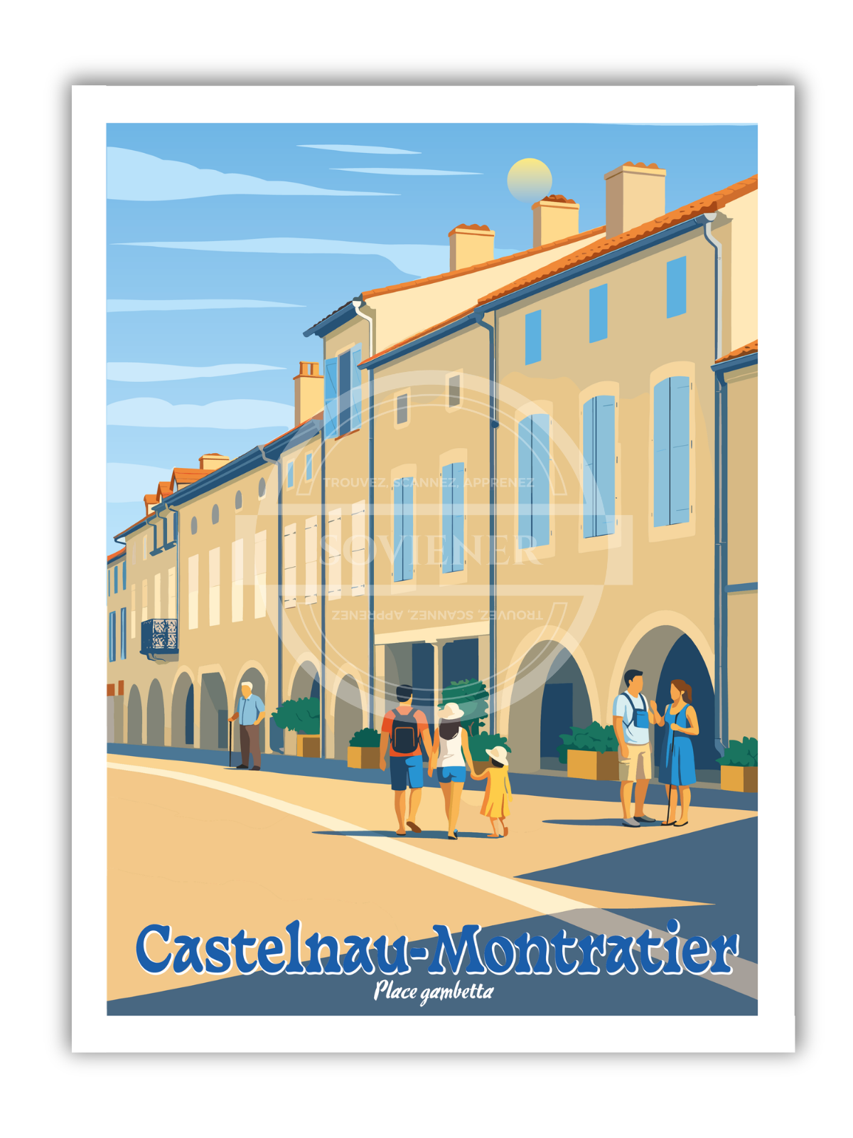 Affiche vintage Castelnau-Montratier Place Gambetta illustrant les arcades médiévales animées d’une famille et de promeneurs sous le soleil estival, bastide du Lot.