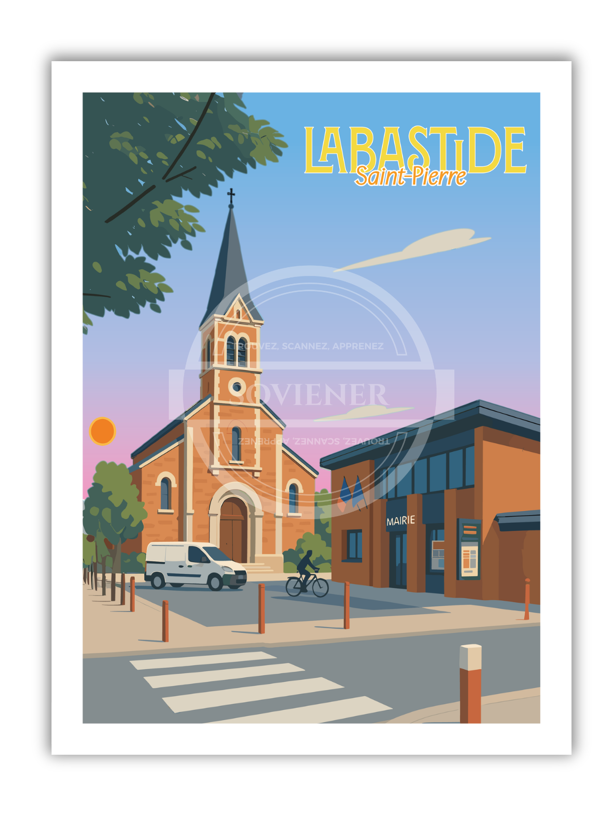Affiche vintage Labastide-Saint-Pierre illustrant l’église en briques rouges et la mairie moderne, cycliste et camion dans la rue, bastide du Tarn-et-Garonne.