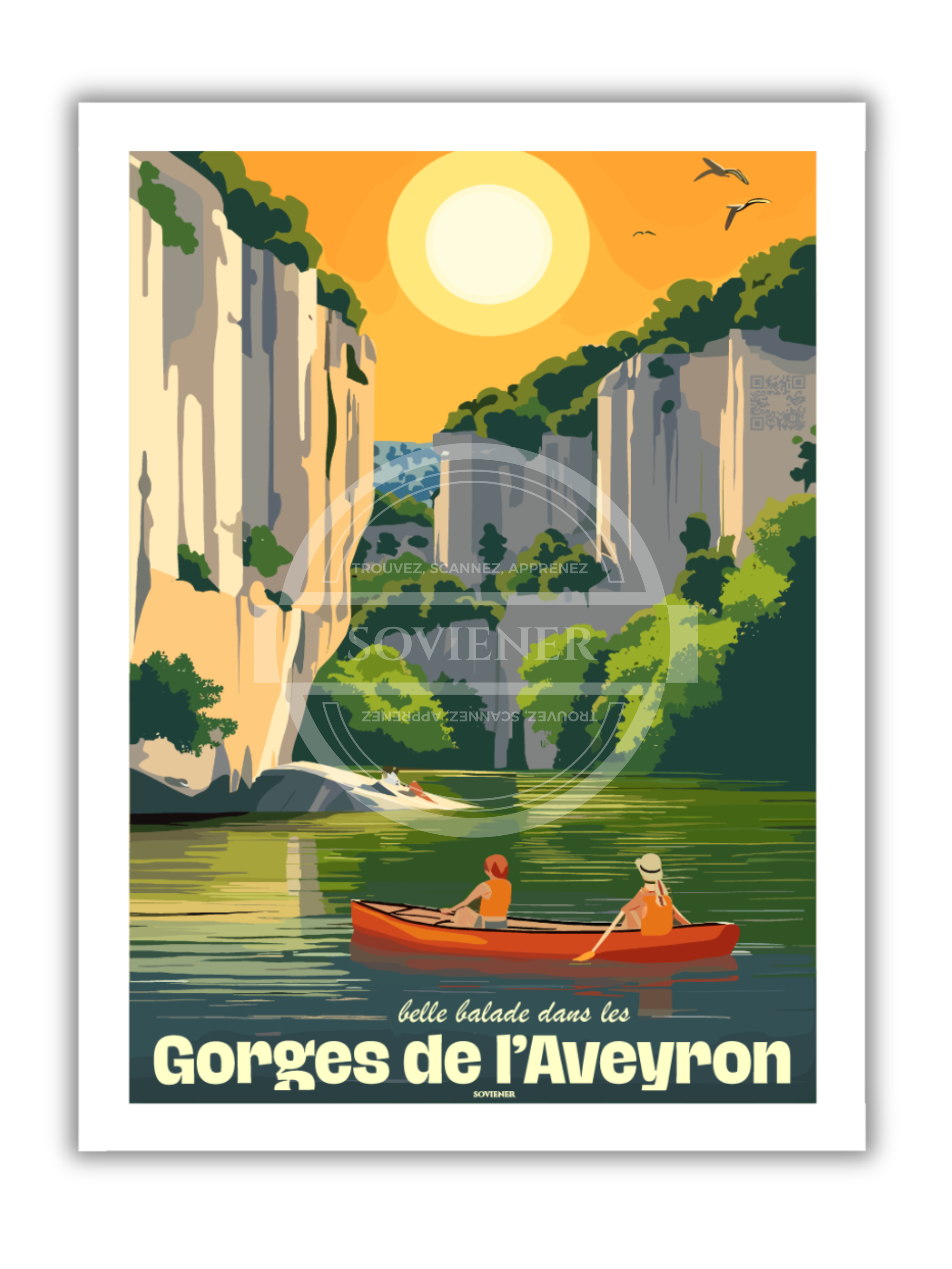 Illustration vintage de deux personnes en canoë rouge sur l'Aveyron entre de hautes falaises de calcaire, soleil jaune dans un ciel orangé, texte "Gorges de l'Aveyron", imprimée à Montauban sur papier 350g.