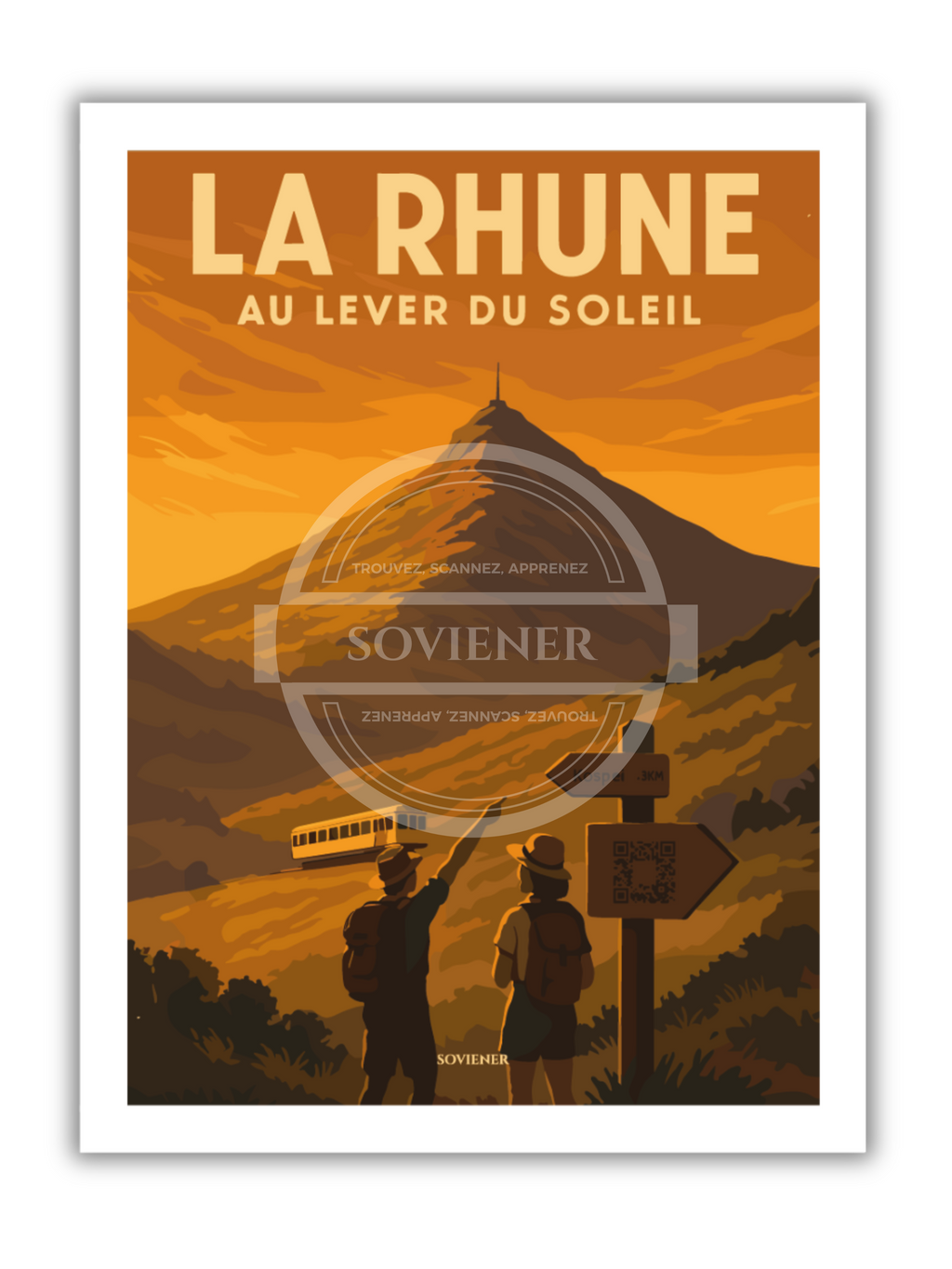 Illustration vintage du lever du soleil sur le sommet de La Rhune au Pays Basque, le petit train à crémaillère et deux randonneurs au premier plan, style affiche de voyage rétro, imprimée à Montauban sur papier 350g.