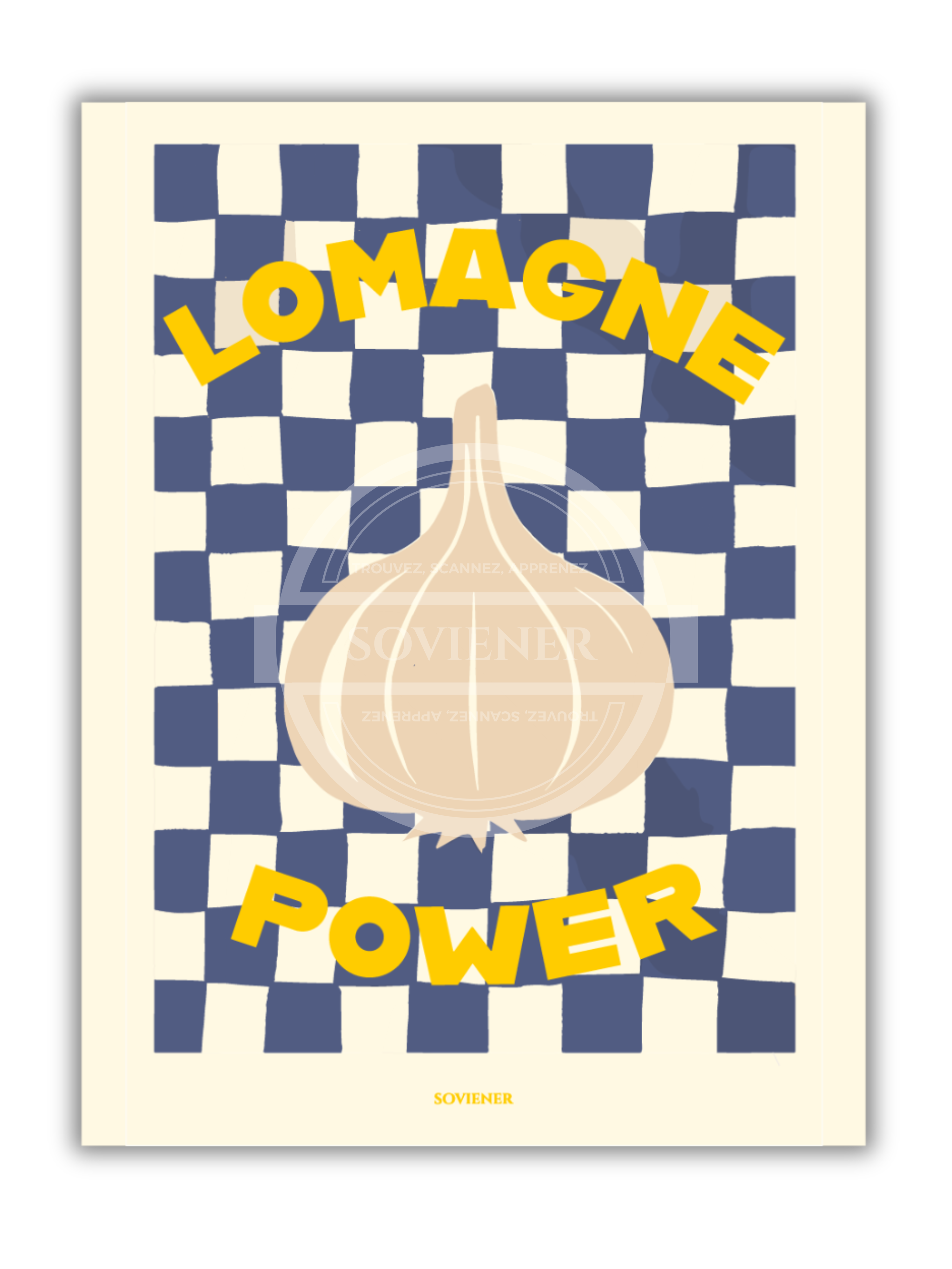 Illustration Pop-Art d'une tête d'ail sur un damier bleu et blanc, texte jaune "Lomagne Power", affiche style rétro et moderne imprimée à Montauban sur papier luxe 350g.