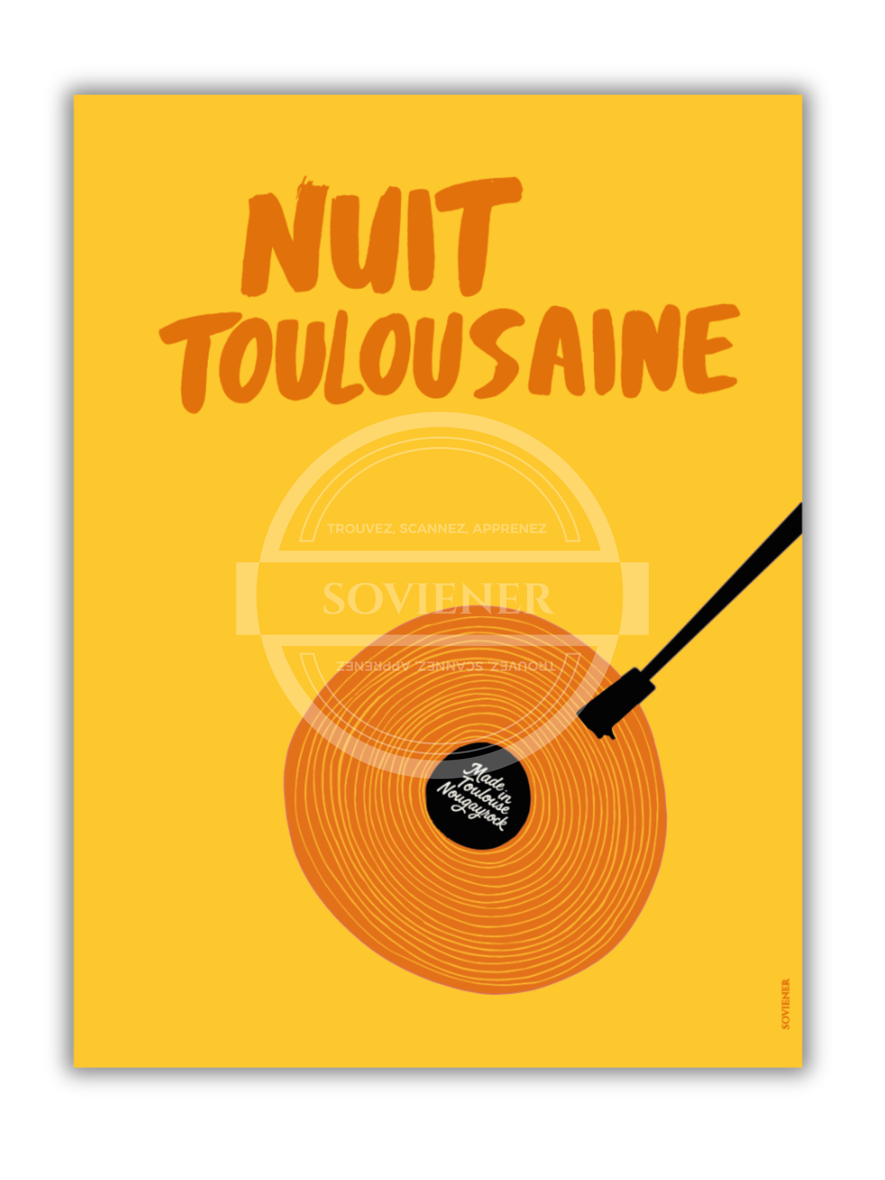 Illustration vintage minimaliste d'un disque vinyle orange sur fond jaune vif, texte "NUIT TOULOUSAINE" style rétro, affiche musique imprimée à Montauban sur papier luxe 350g.