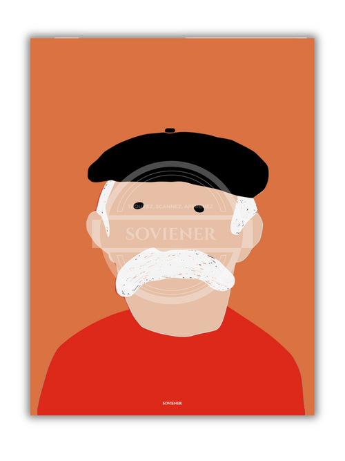 Illustration minimaliste d'un homme âgé avec un béret noir et une grande moustache blanche sur fond ocre, style portrait rétro et moderne, imprimée à Montauban sur papier 350g.