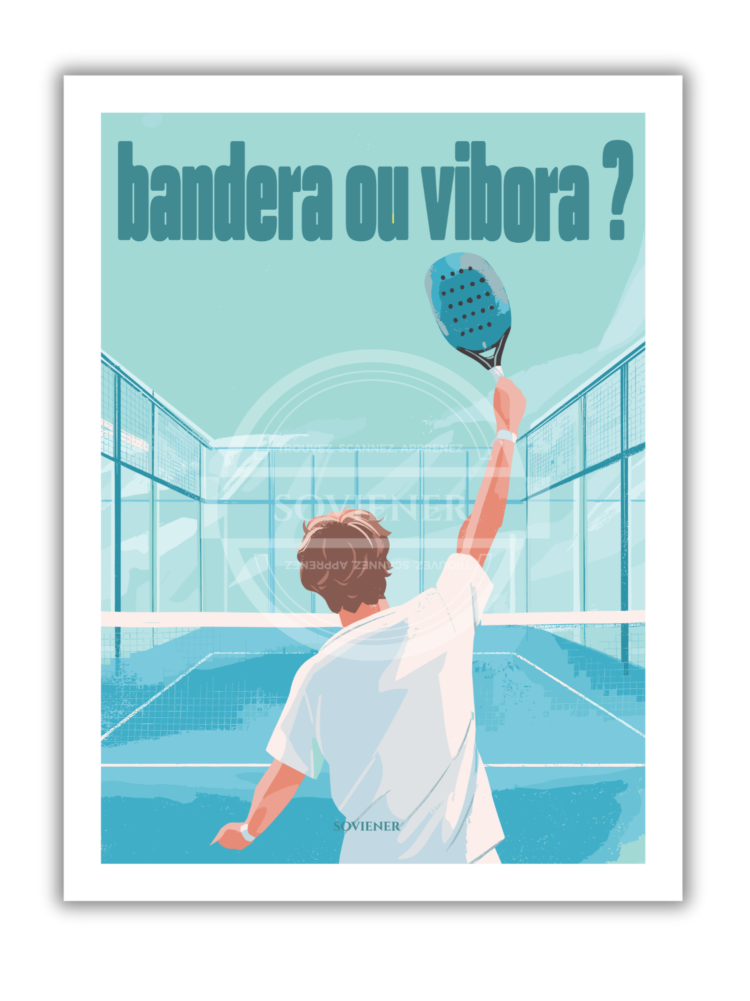 Illustration vintage d'un joueur de Padel s'apprêtant à frapper la balle sur un terrain bleu, texte "Bandera ou Vibora ?" style rétro, imprimée à Montauban sur papier luxe 350g.