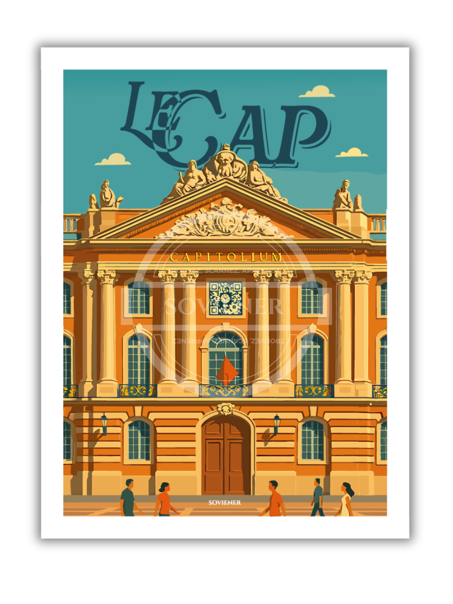 Illustration vintage de la façade de l'Hôtel de Ville sur la place du Capitole à Toulouse, passants au premier plan, texte bleu stylisé "LE CAP", style affiche de voyage rétro, imprimée à Montauban sur papier 350g.