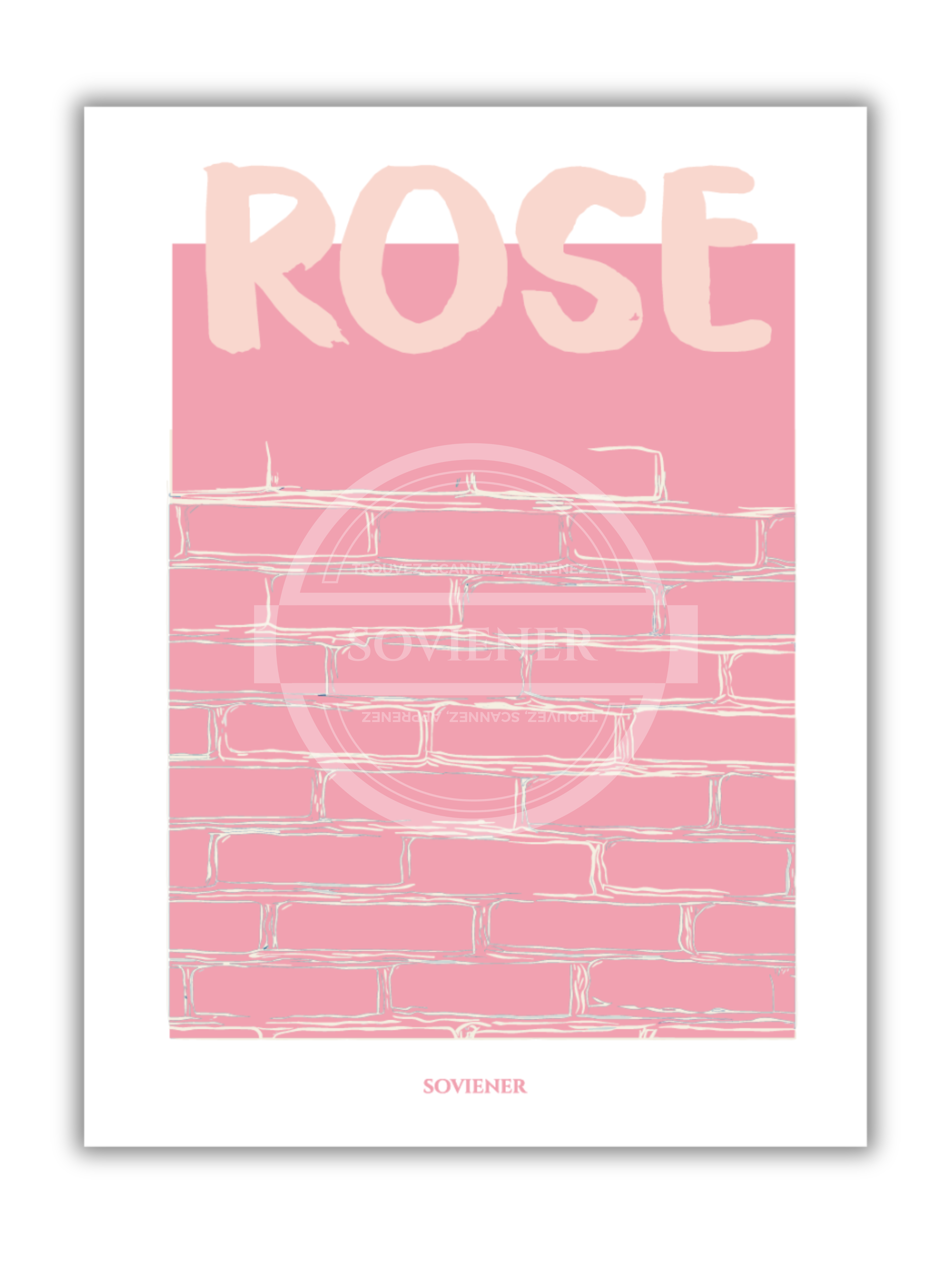 Affiche minimaliste rose montrant une texture de mur en briques toulousaines, lettrage "ROSE" stylisé, imprimée à Montauban sur papier luxe 350g.