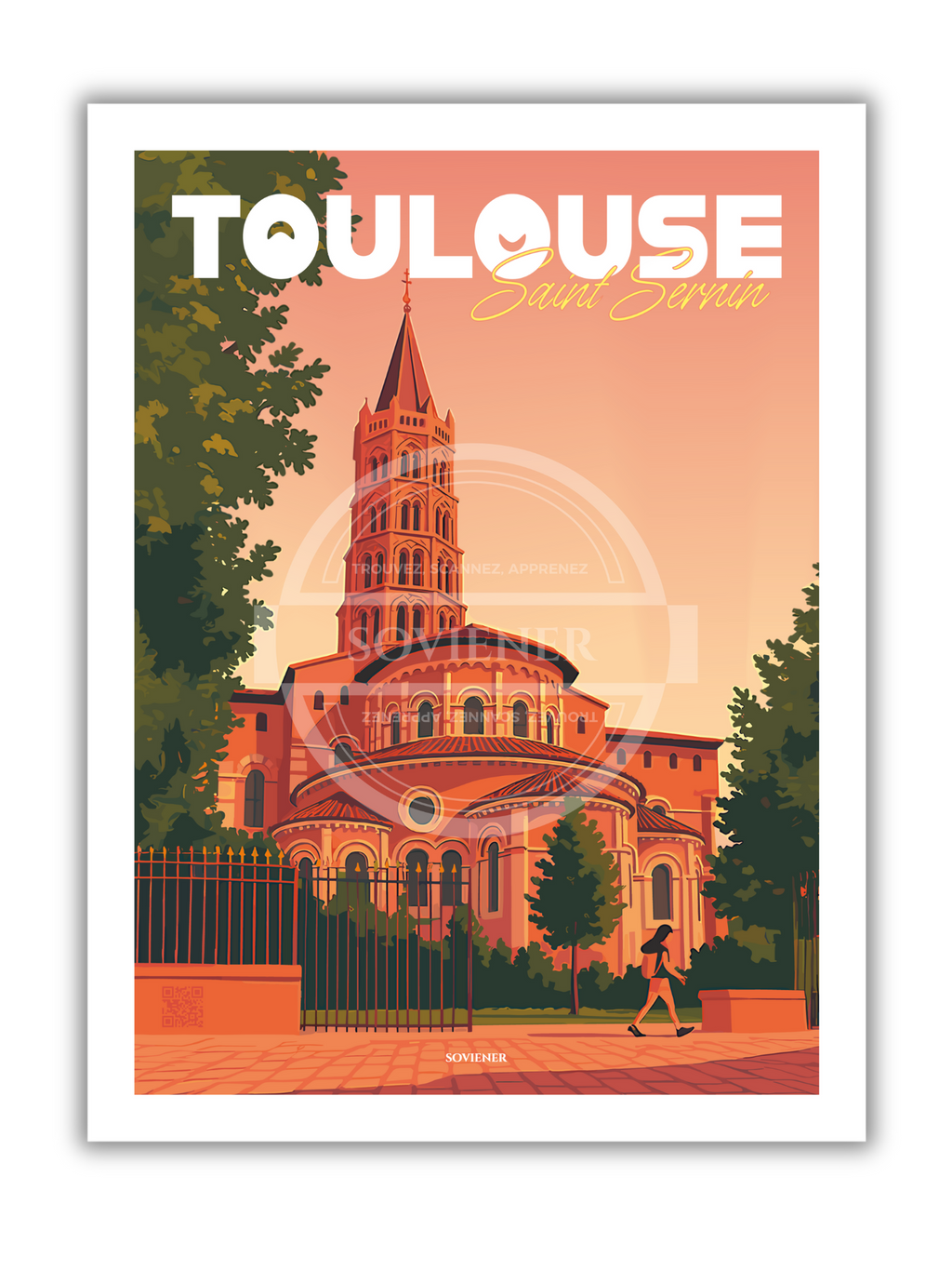 Illustration vintage de la Basilique Saint-Sernin à Toulouse avec son clocher octogonal en briques roses, lumière de fin de journée et lettrage blanc rétro, imprimée à Montauban sur papier 350g.