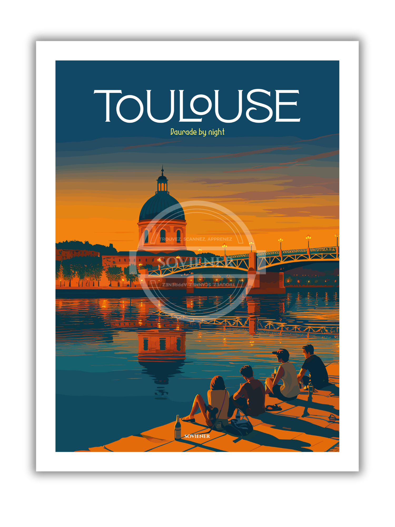 Illustration vintage nocturne de Toulouse montrant le dôme de La Grave éclairé se reflétant dans la Garonne, groupe d'amis assis sur les quais de la Daurade, style rétro, imprimée à Montauban sur papier 350g.