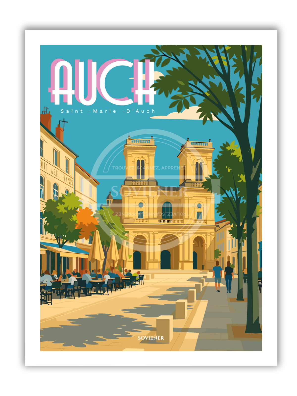 Affiche vintage Auch illustrant la cathédrale Saint-Marie-d’Auch depuis une terrasse de café, arbres d’automne et promeneurs sous ciel bleu, chef-d’œuvre gothique du Gers.