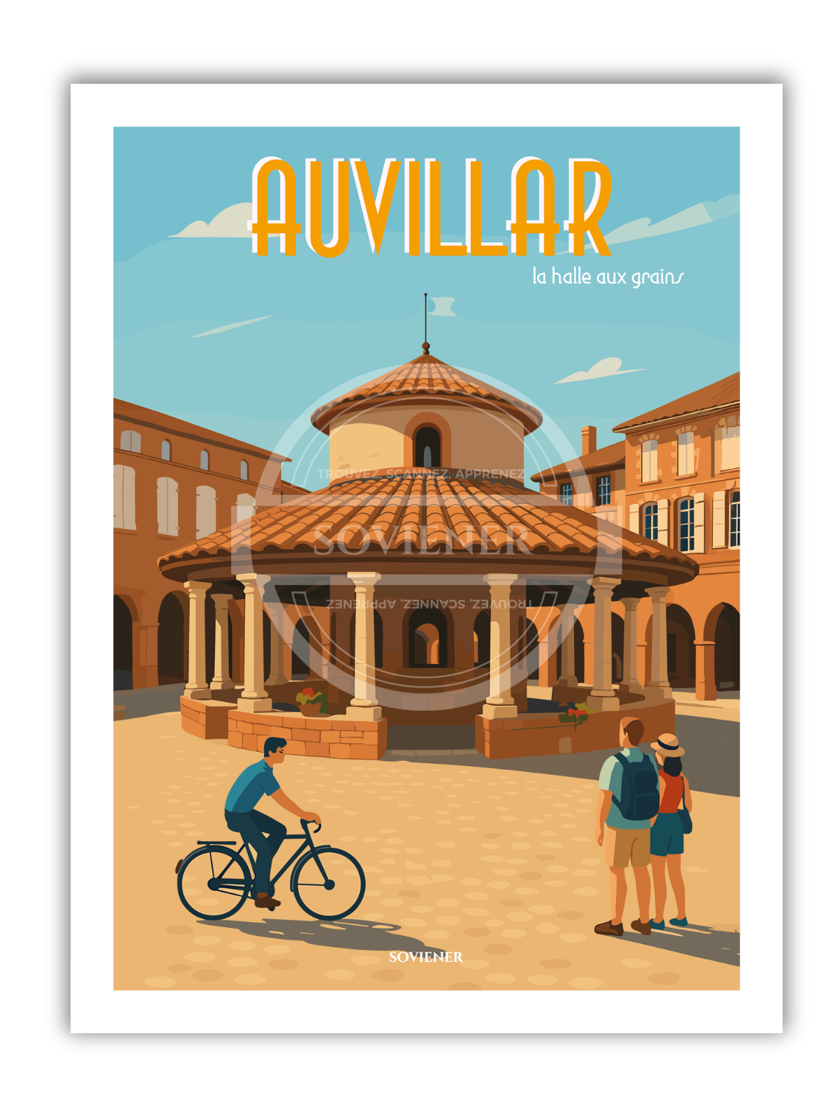 Affiche vintage Auvillar illustrant la Halle aux Grains circulaire sous le soleil, avec un cycliste et des touristes sur la place, décoration Tarn-et-Garonne.