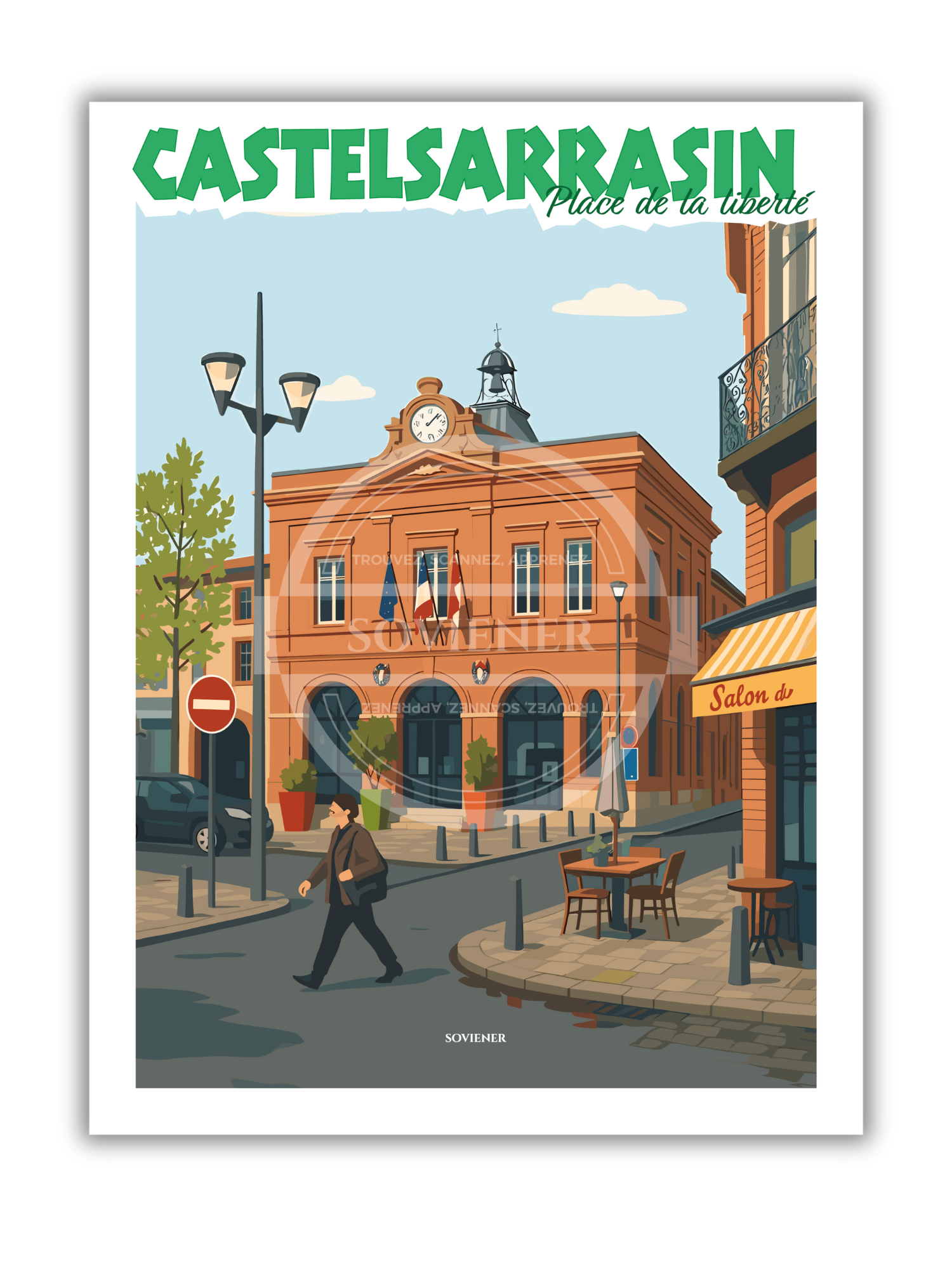 Illustration vintage de la Place de la Liberté à Castelsarrasin montrant la mairie en briques rouges, une terrasse de café et un passant, style affiche de voyage rétro, imprimée à Montauban.