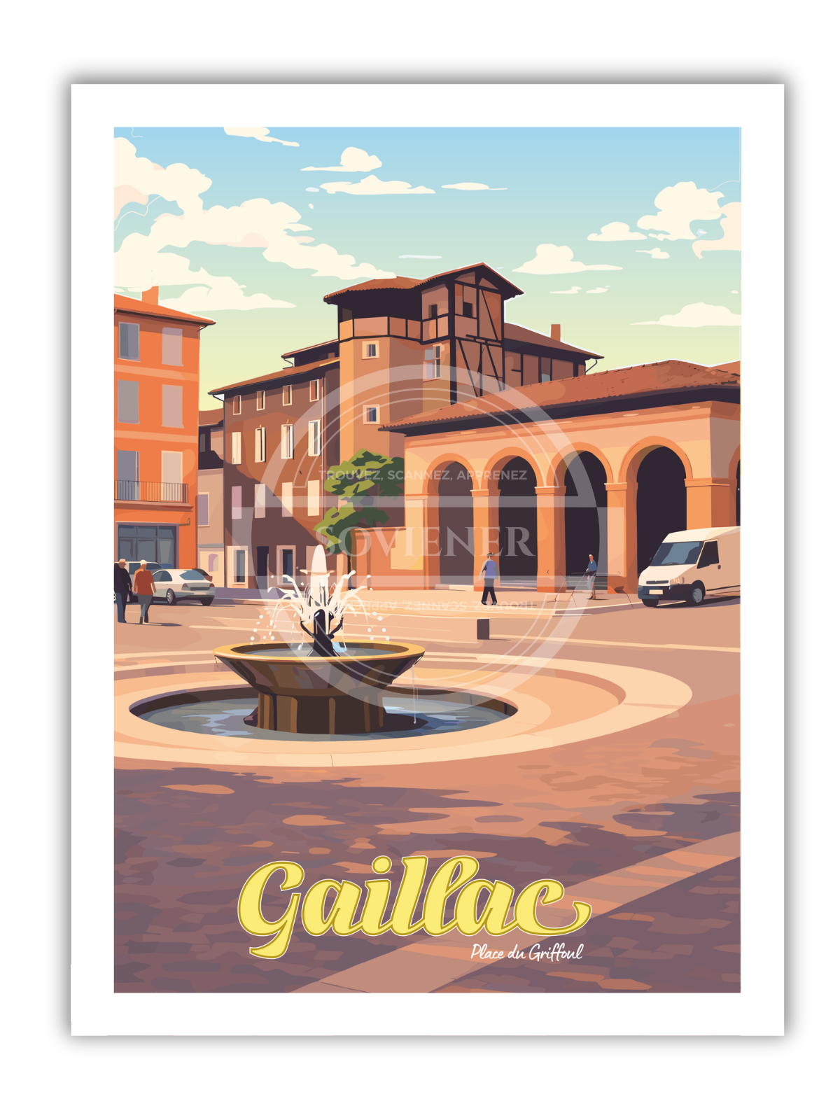 Affiche vintage Gaillac Place du Griffoul illustrant la fontaine en bronze et les arcades des halles en briques rouges, scène de vie urbaine animée, Tarn.