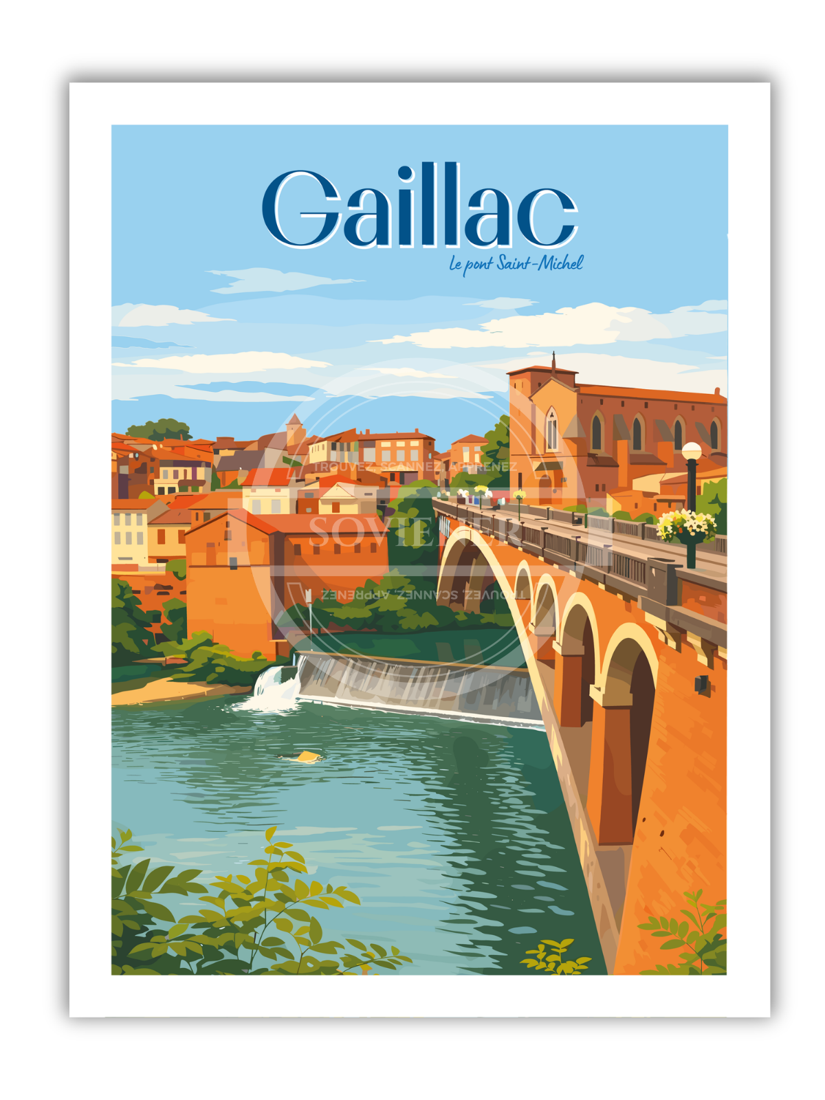 Affiche vintage Gaillac illustrant le pont Saint-Michel aux arches en briques roses enjambant le Tarn avec l’Abbaye Saint-Michel en arrière-plan, capitale du vin.