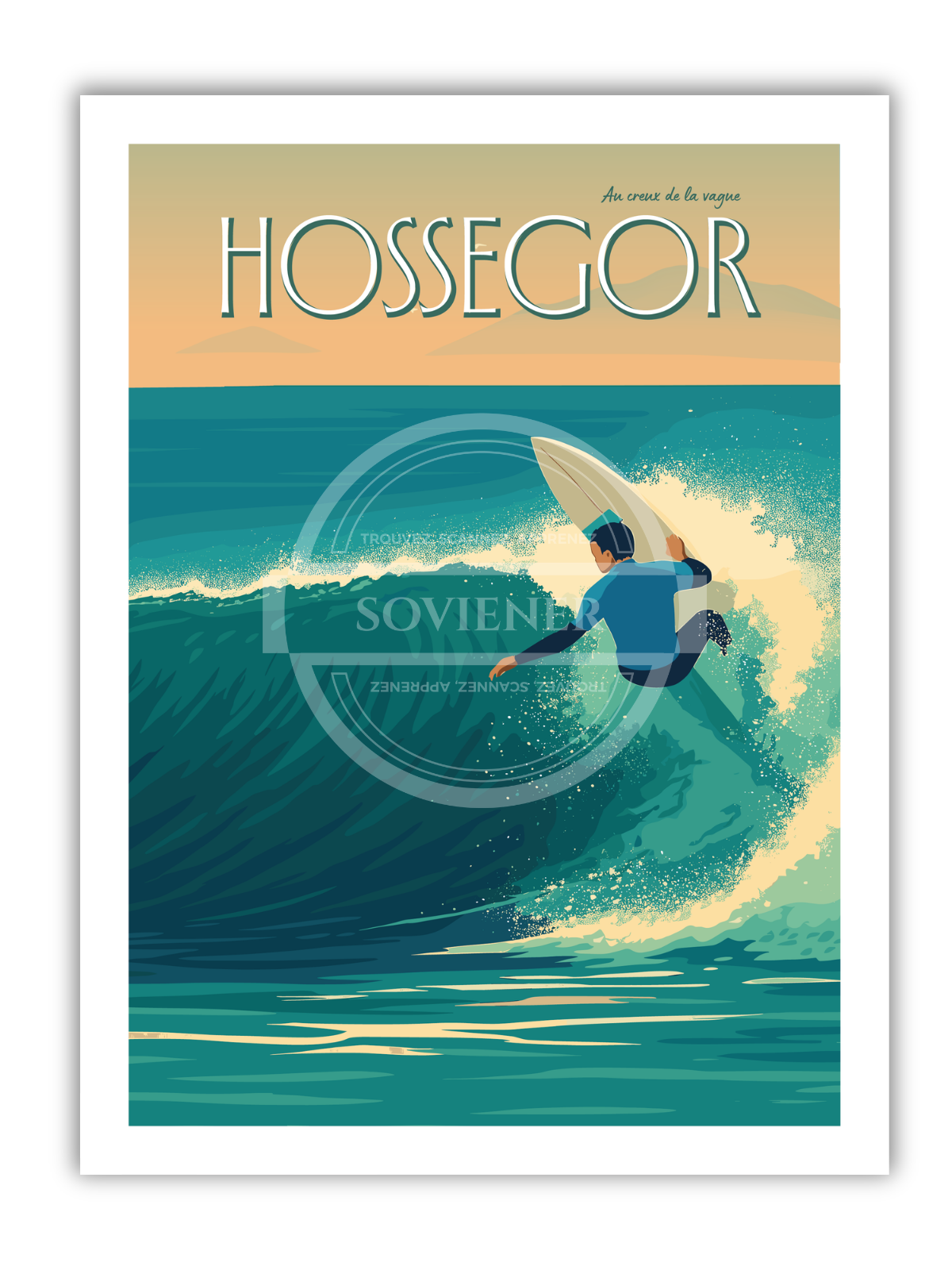 Affiche vintage Hossegor Au Creux de la Vague illustrant un surfeur en silhouette sombre dans le tube atlantique vert-bleu au coucher de soleil, surf Landes.