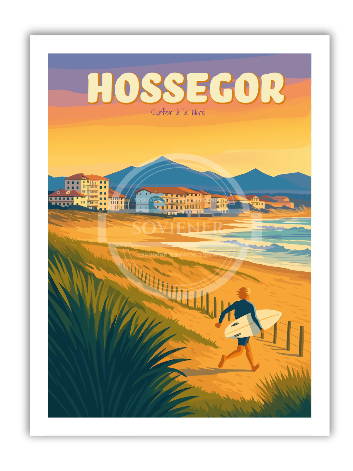 Affiche vintage Hossegor Surfer à la Nord illustrant un surfeur courant sur les dunes vers l’océan au coucher de soleil avec les Pyrénées en arrière-plan, Côte Atlantique.
