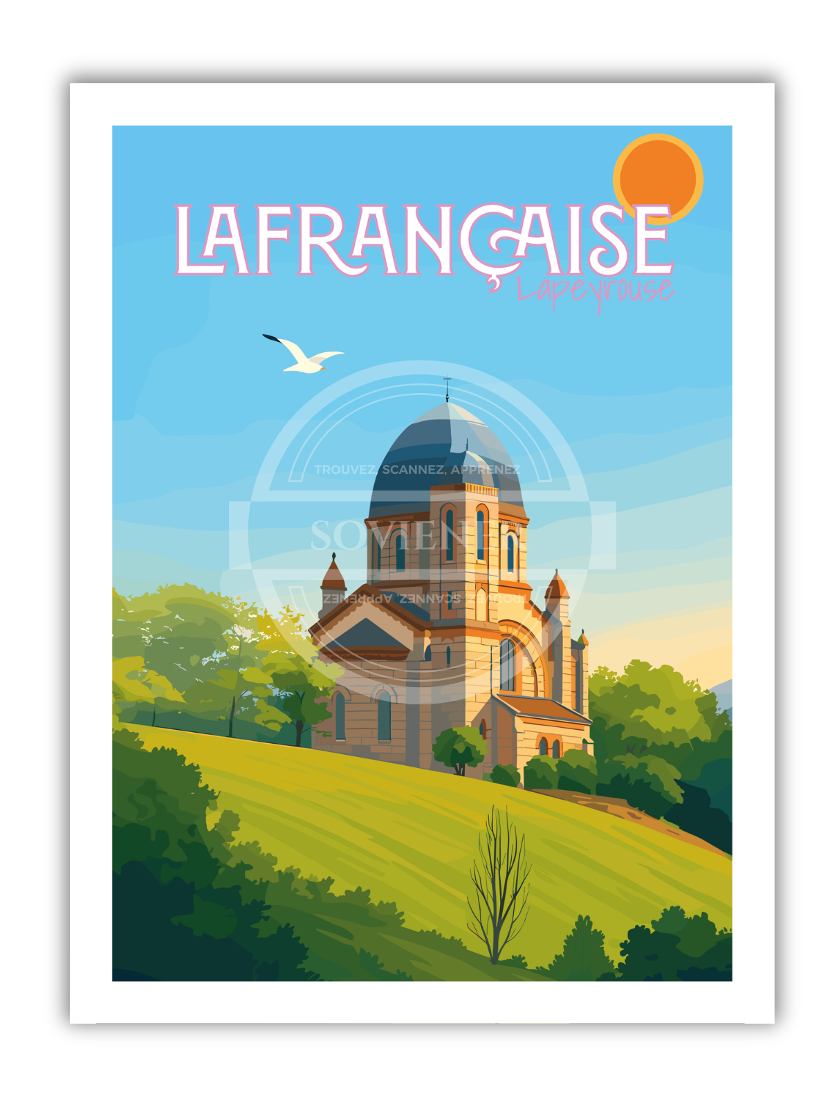 Affiche vintage Lafrançaise illustrant la chapelle de Lapeyrouse au dôme néo-roman sur colline verdoyante, soleil orange et mouette en vol, Tarn-et-Garonne.