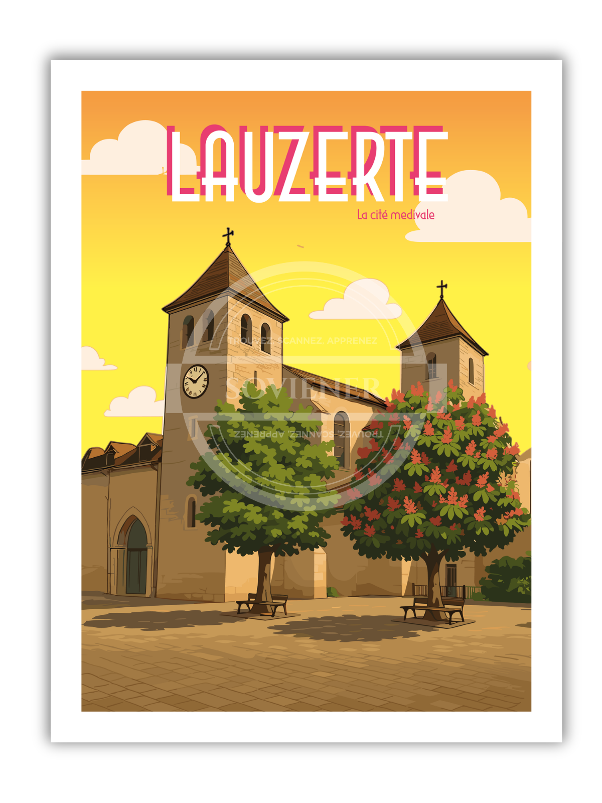 Affiche vintage Lauzerte illustrant l’église Saint-Barthélemy sous un ciel doré avec arbres en fleurs et bancs de la place, plus beau village de France.