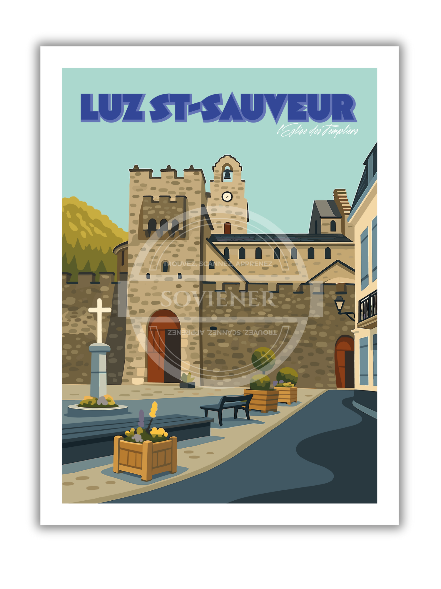 Illustration vintage de l'église des Templiers à Luz-Saint-Sauveur avec ses murs fortifiés en pierre, lettrage bleu "Luz St-Sauveur", affiche style rétro imprimée à Montauban.
