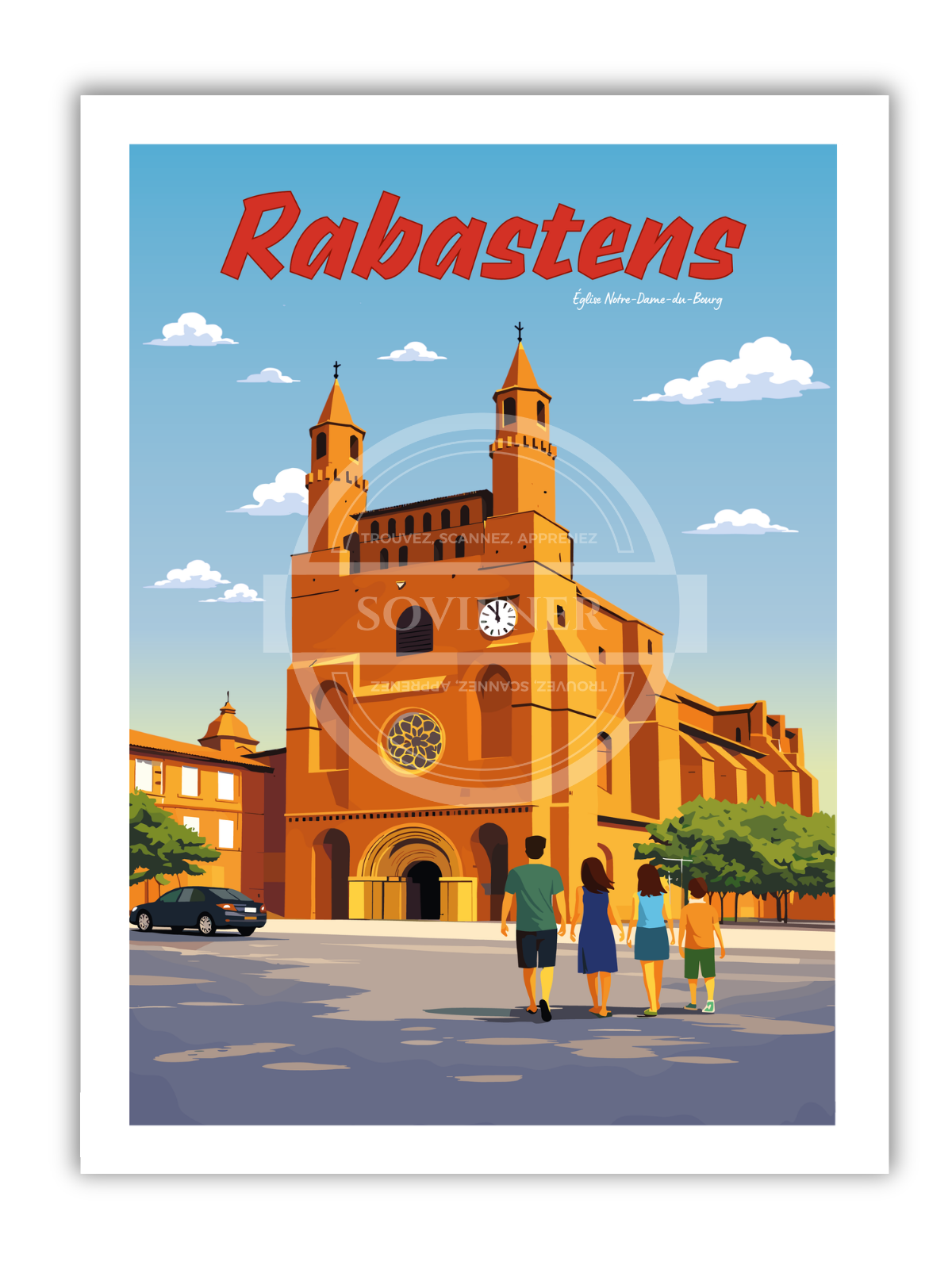 Affiche vintage Rabastens illustrant la façade en briques rouges de l’église Notre-Dame-du-Bourg classée UNESCO avec une famille de visiteurs au premier plan, Tarn.