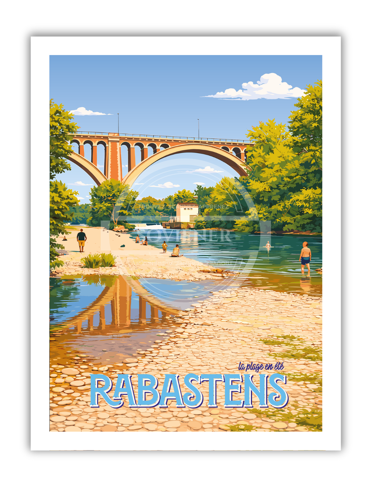 Affiche vintage Rabastens La Plage en Été illustrant la plage naturelle de galets sous le grand viaduc, baigneurs dans le Tarn et eau turquoise, scène estivale.