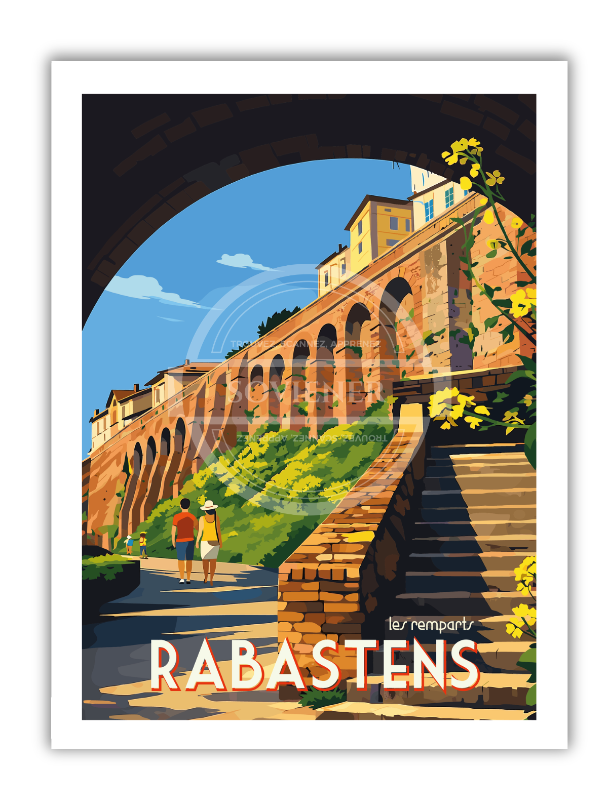 Affiche vintage Rabastens Les Remparts illustrant les arches médiévales en briques rouges fleuries de boutons d’or avec un couple et leur enfant au premier plan.