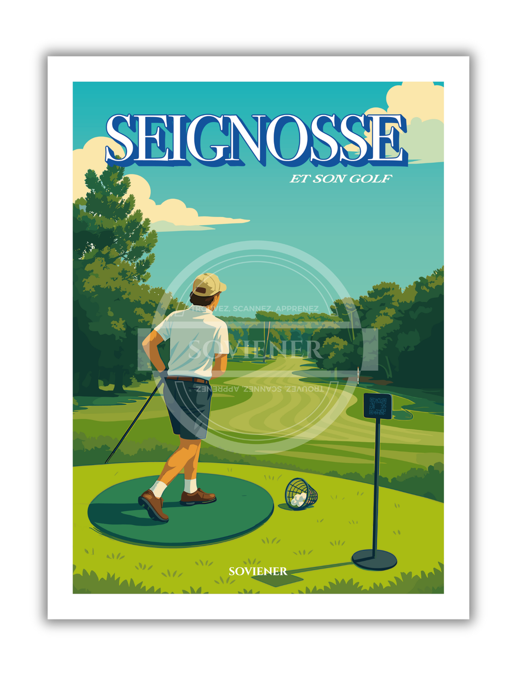 Illustration vintage d'un golfeur sur le green du golf de Seignosse, entouré de pins maritimes, lettrage bleu "Seignosse et son golf", style affiche de voyage rétro, imprimée à Montauban.