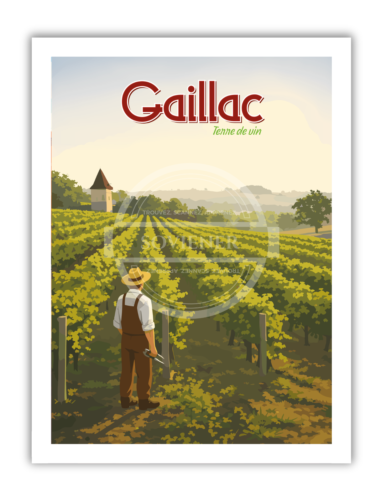 Affiche vintage Gaillac Terre de Vin illustrant un vigneron de dos contemplant les rangées de vignes AOC à l’horizon, colombier tarnais en arrière-plan.