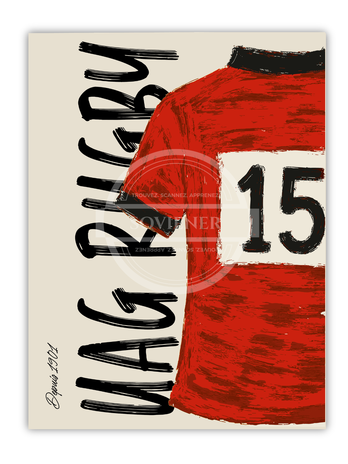 Affiche graphique UAG Rugby Gaillac illustrant le maillot rouge numéro 15 en technique frottis et encre, style expressif et minimaliste, club depuis 1901.
