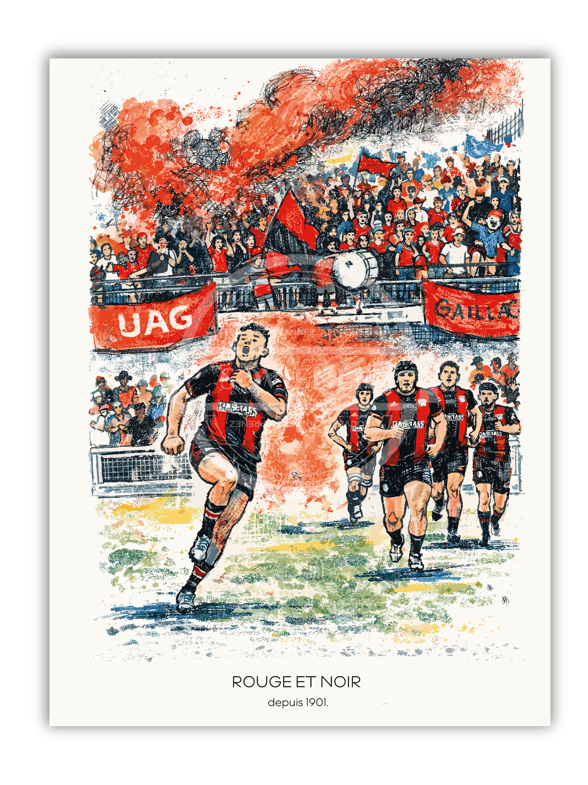 Affiche aquarelle et encre UAG Gaillac Rouge et Noir depuis 1901 illustrant l’entrée en jeu des joueurs sous les fumigènes rouges devant les supporters, rugby tarnais.