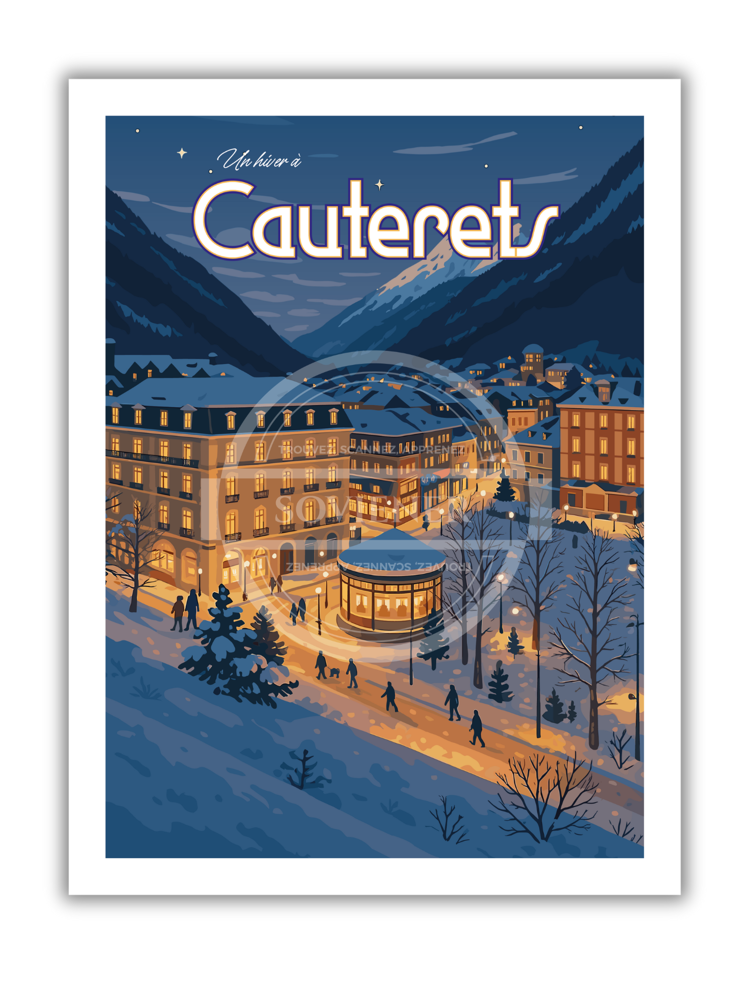 Illustration vintage nocturne de Cauterets sous la neige, bâtiments illuminés de lumière chaude, montagnes bleues en arrière-plan et lettrage rétro, imprimée à Montauban.