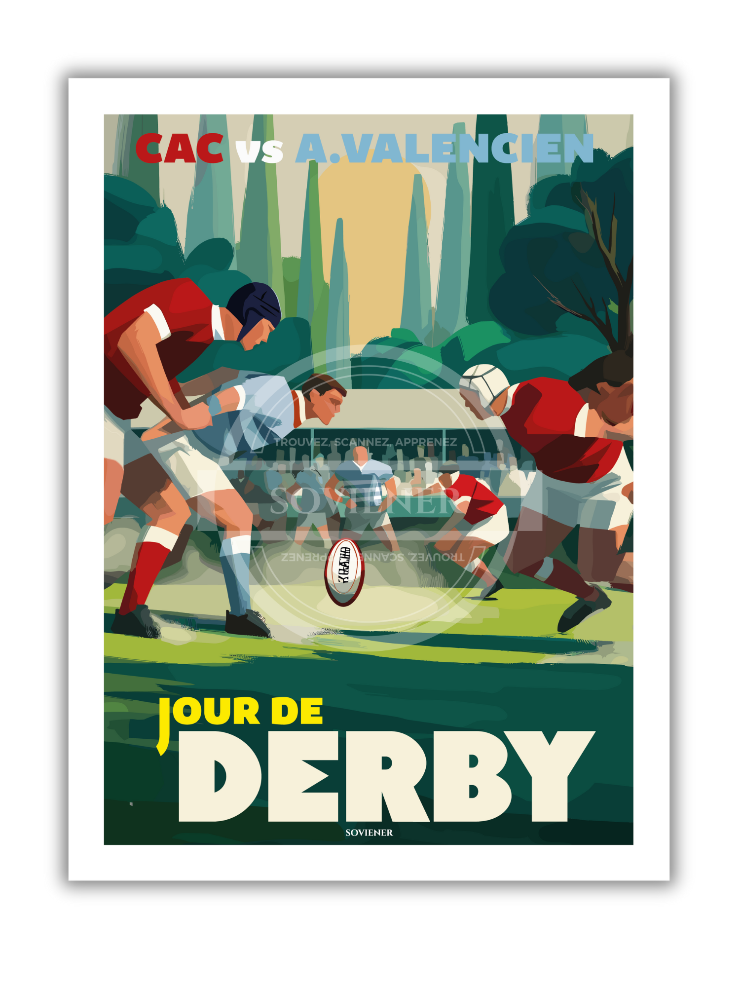 Illustration vintage de rugby montrant une action de match entre le CAC et l'A.Valencien, texte "Jour de Derby", style rétro coloré, affiche imprimée localement à Montauban.