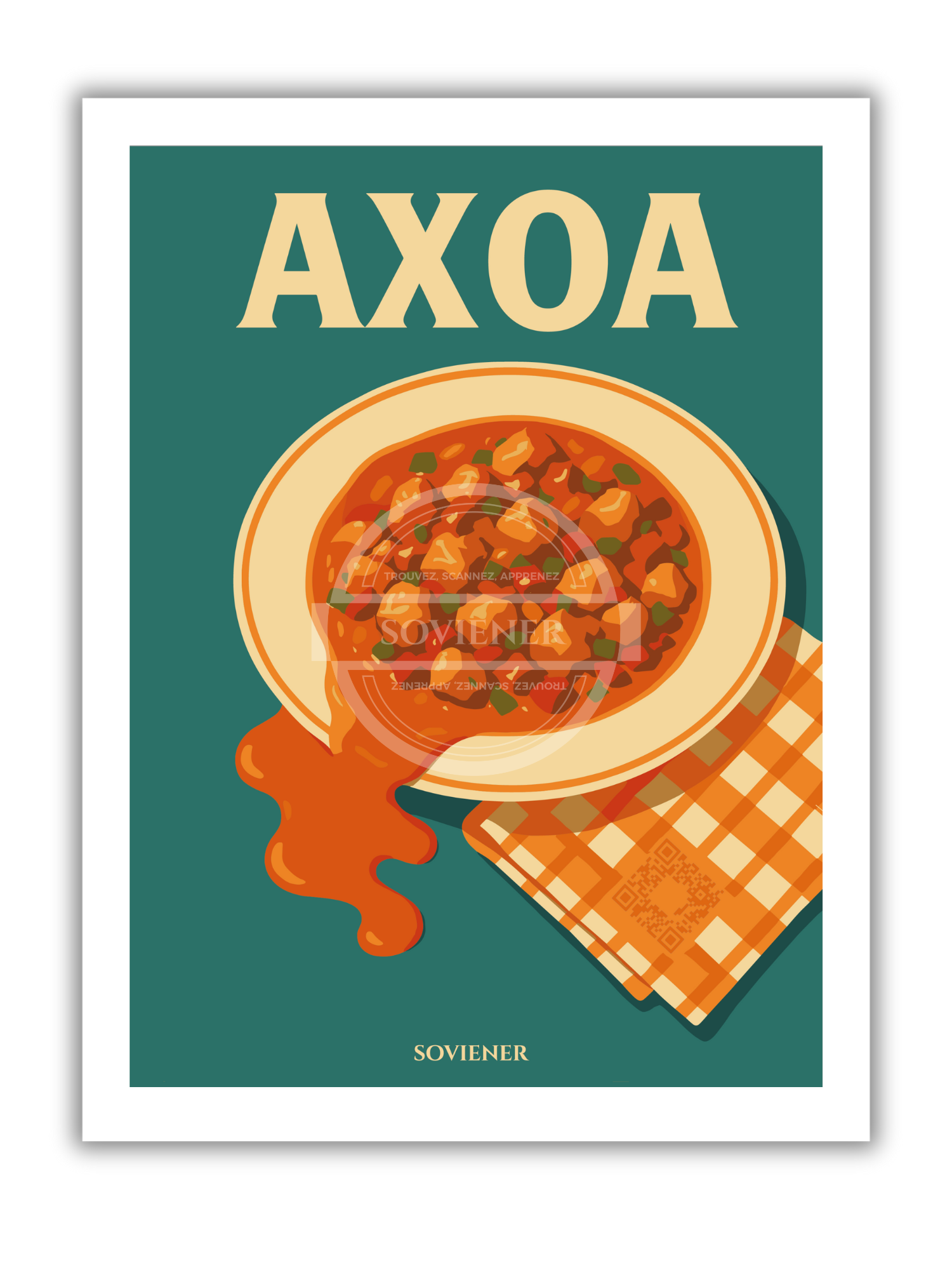 Illustration vintage d'un plat d'Axoa de veau sur fond vert, avec serviette à carreaux orange, lettrage beige "AXOA", affiche cuisine style rétro imprimée à Montauban sur papier 350g.