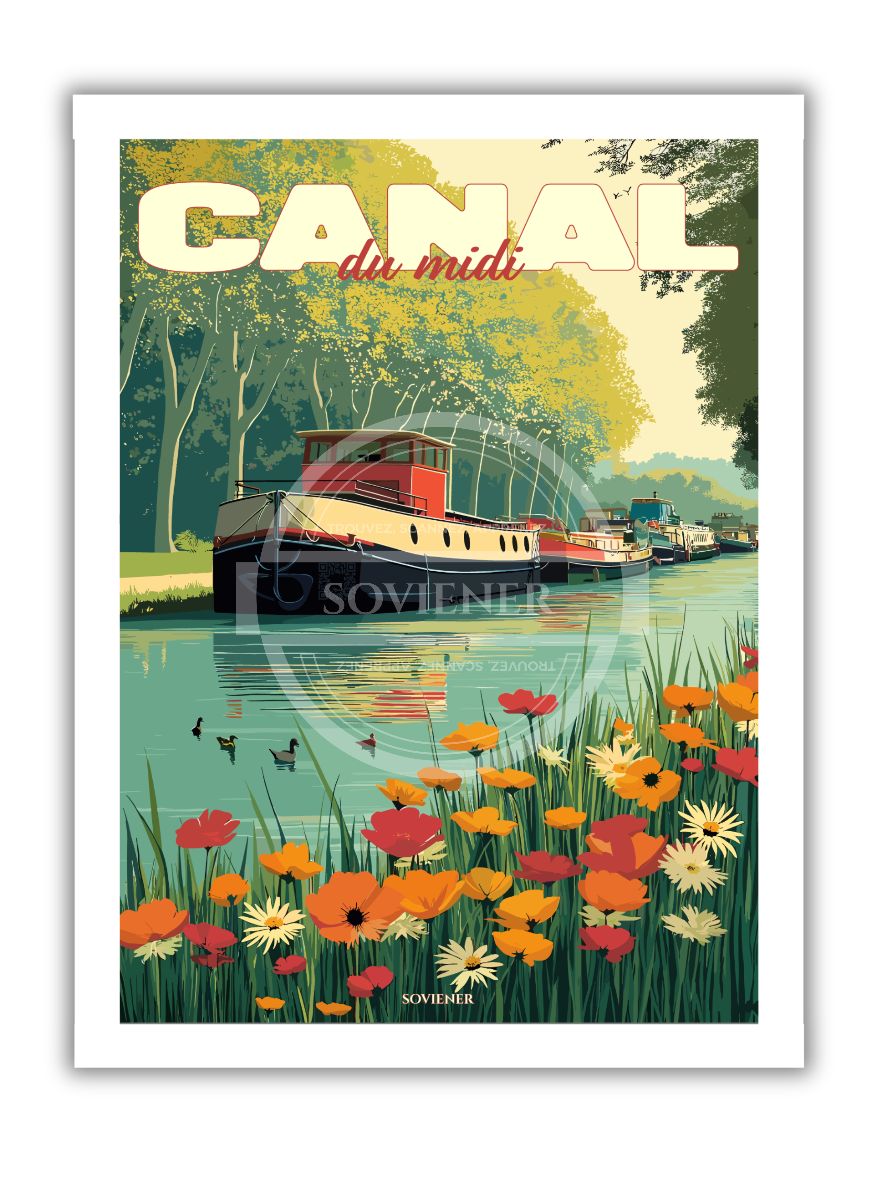 Illustration vintage d'une péniche naviguant sur le Canal du Midi, bordée de fleurs sauvages et de coquelicots rouges sous des platanes, style affiche de voyage rétro, imprimée à Montauban sur papier 350g.