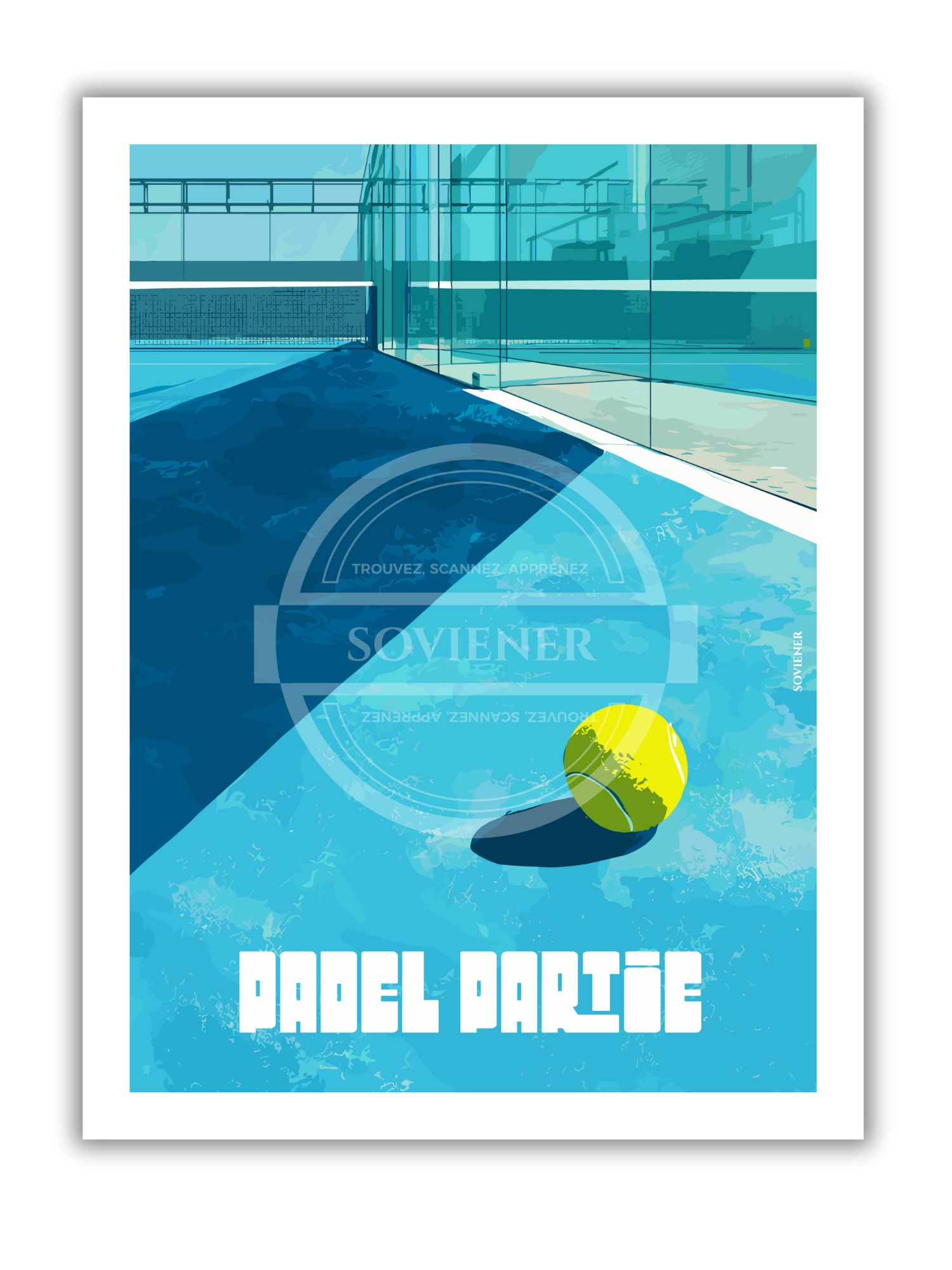 Illustration vintage de padel montrant une balle jaune sur un terrain bleu azur avec reflets sur les parois en verre, texte "PADEL PARTIE" style rétro, imprimée à Montauban sur papier 350g.