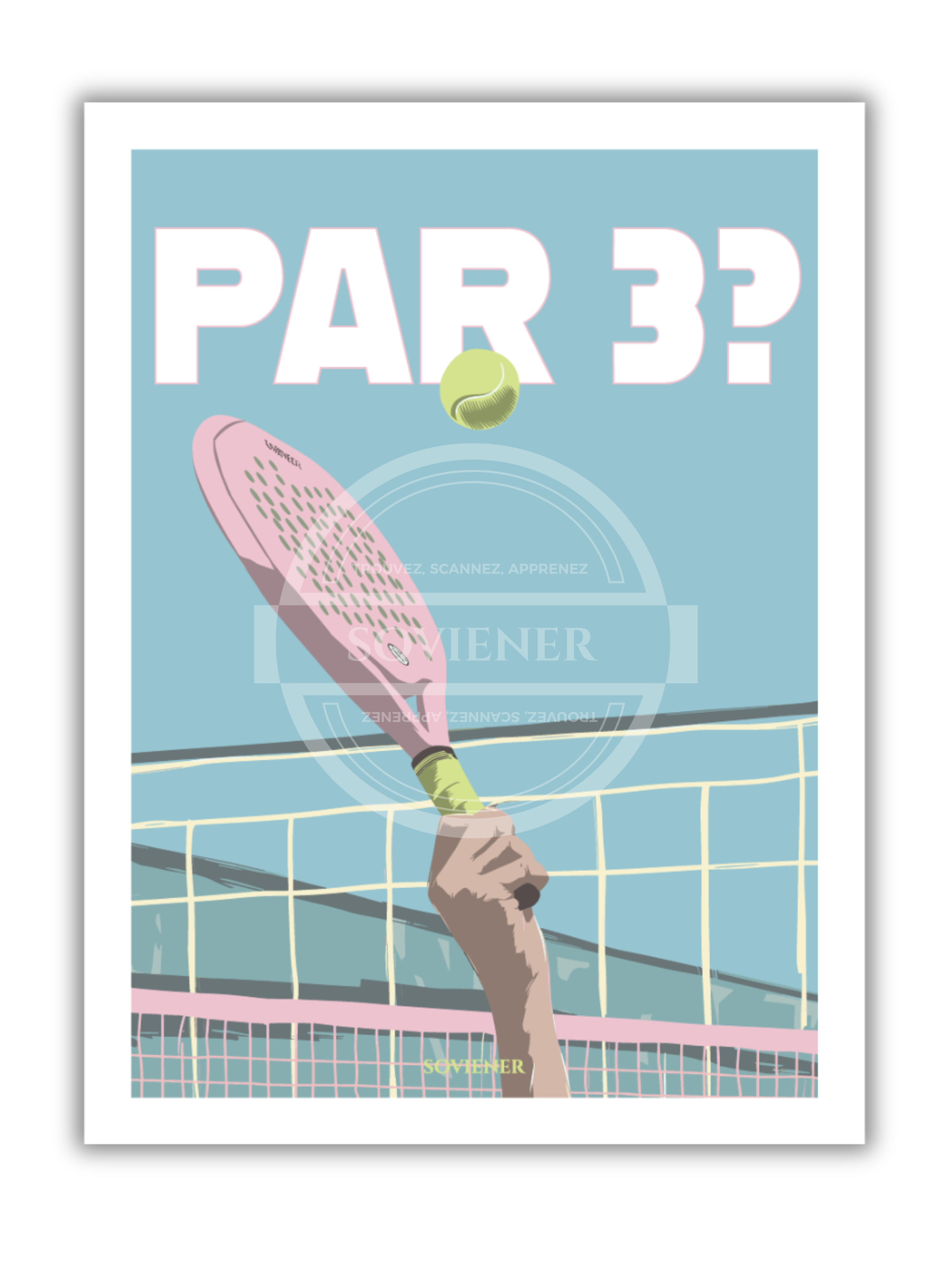 Illustration vintage de Padel montrant une main tenant une raquette rose frappant un smash, texte "PAR 3 ?" en blanc, style rétro minimaliste, imprimée à Montauban sur papier 350g.