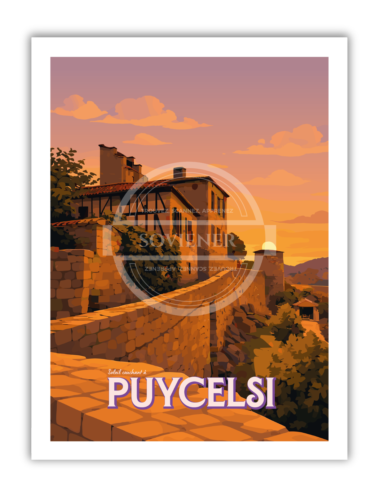 Affiche vintage Puycelsi illustrant les remparts médiévaux baignés dans les teintes magenta et orangées du coucher de soleil, plus beau village du Tarn.