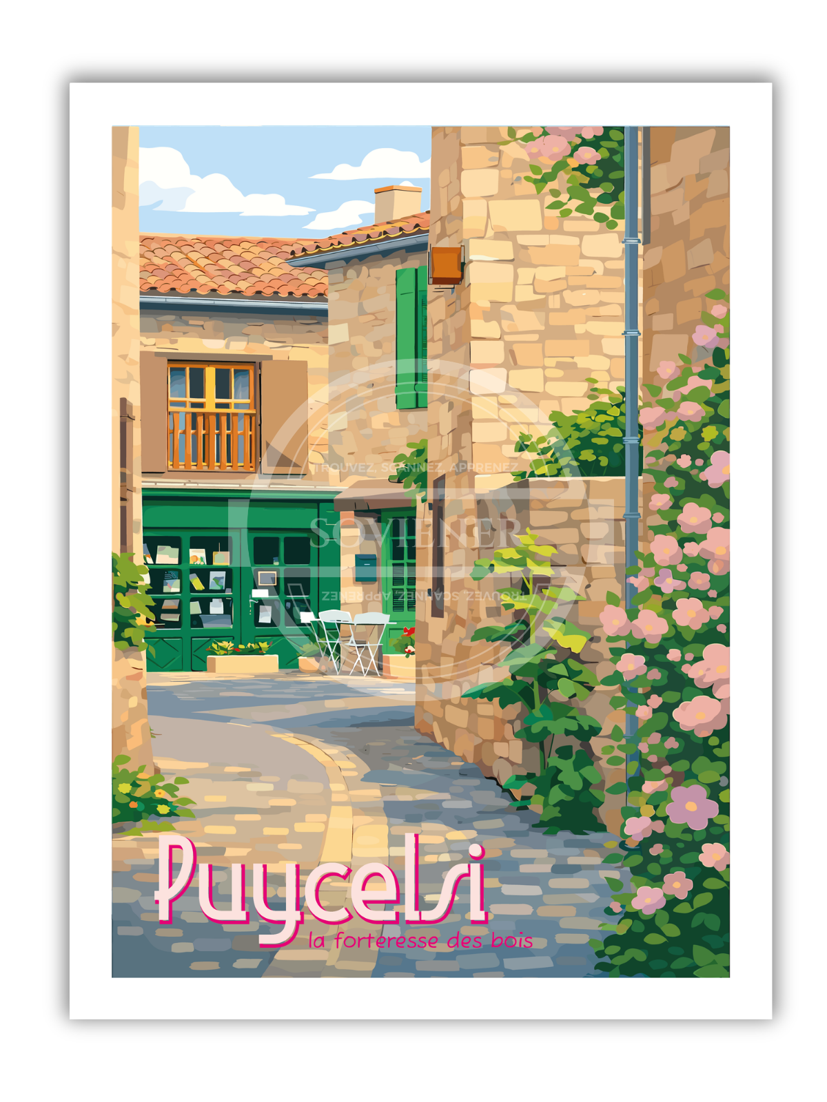 Affiche vintage Puycelsi La Forteresse des Bois illustrant une ruelle pavée en pierre blonde avec roses grimpantes roses et boutique d’artisan aux volets verts.