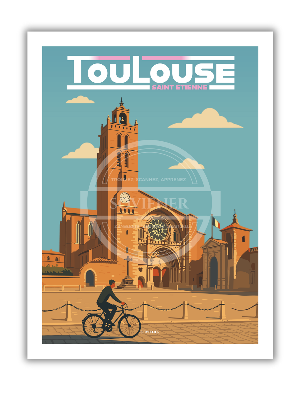 Illustration vintage de la cathédrale Saint-Étienne à Toulouse en briques roses, un cycliste passant devant sur la place, style affiche de voyage rétro, imprimée à Montauban sur papier 350g.