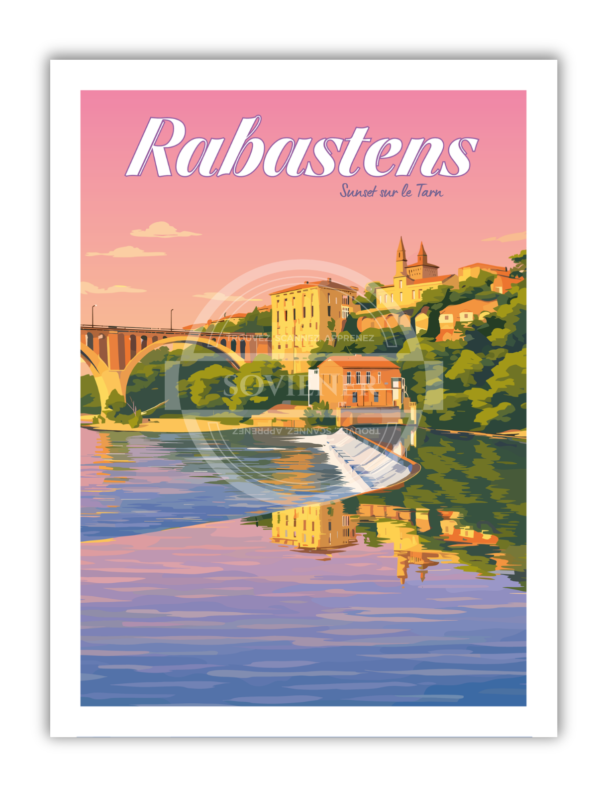 Affiche vintage Rabastens Sunset sur le Tarn illustrant le viaduc et la ville se reflétant dans les eaux roses et mauves du Tarn au coucher de soleil.