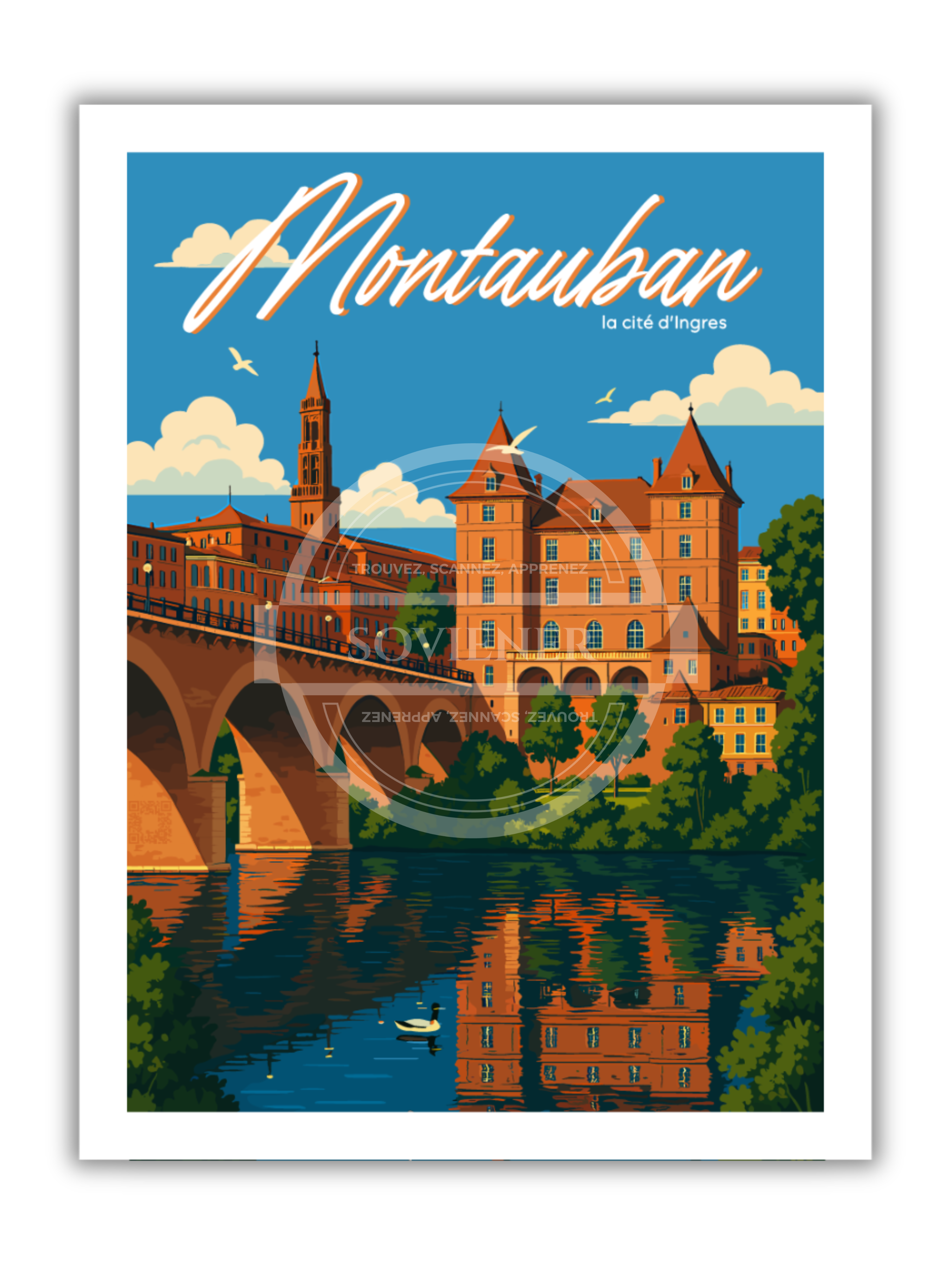 Affiche vintage de Montauban illustrant le Pont Vieux en briques, le musée Ingres et le Tarn.