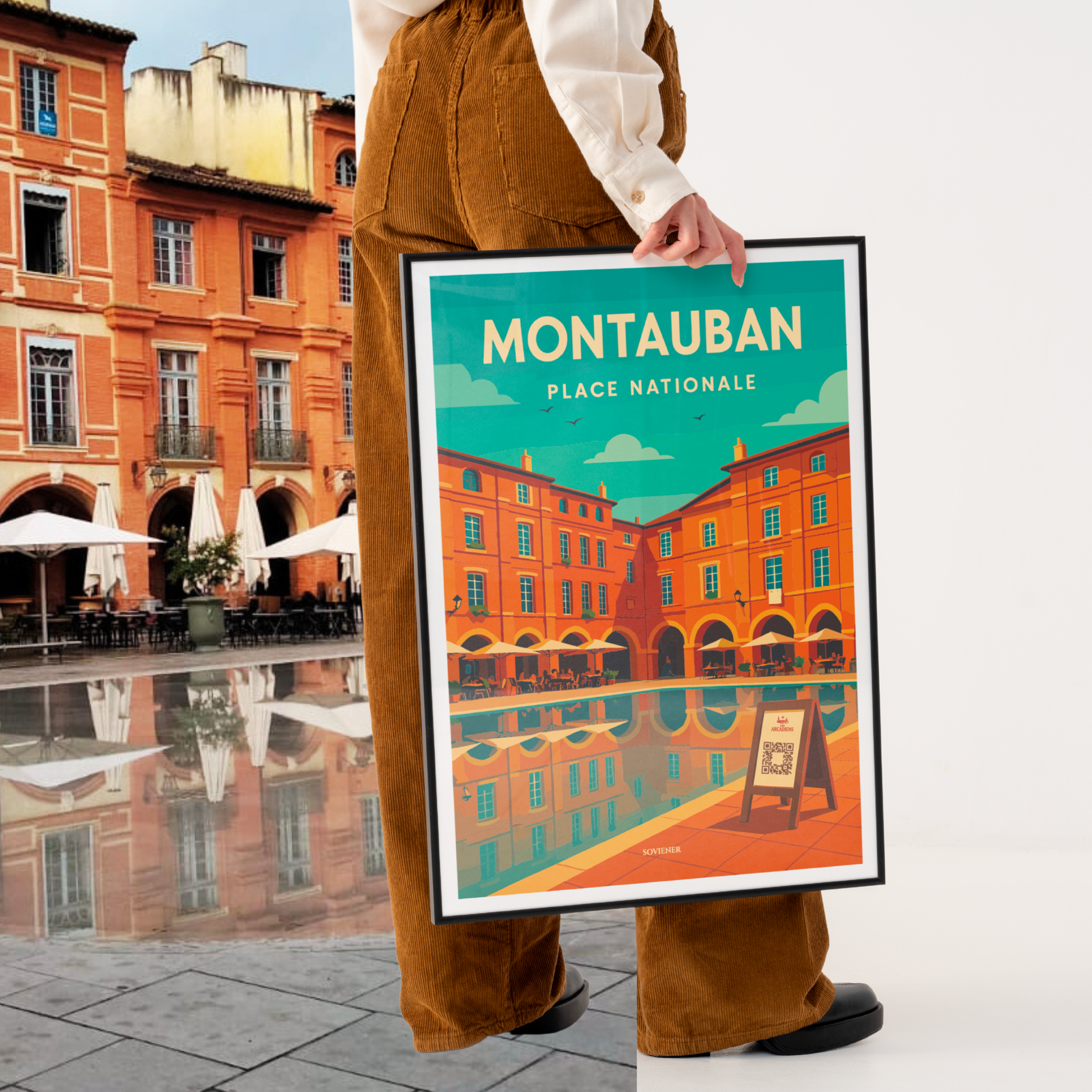 Création d'affiche personnalisée grand format pour entreprise et événement, tenue par une personne en extérieur.