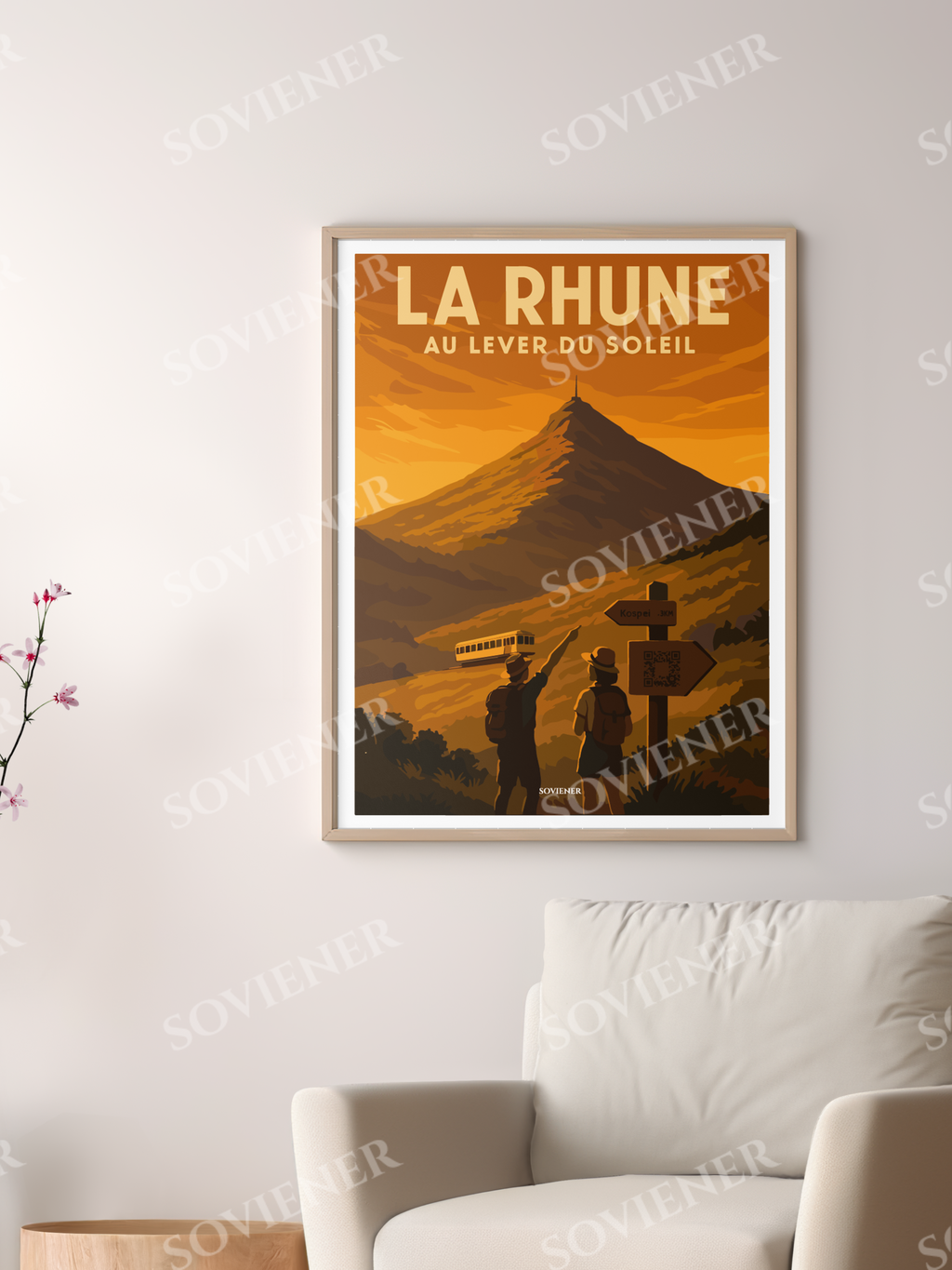 Illustration vintage du lever du soleil sur le sommet de La Rhune au Pays Basque, le petit train à crémaillère et deux randonneurs au premier plan, style affiche de voyage rétro, imprimée à Montauban sur papier 350g.