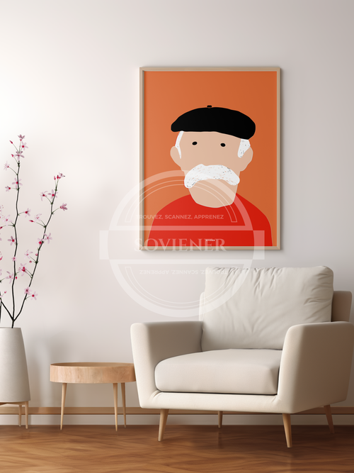 Illustration minimaliste d'un homme âgé avec un béret noir et une grande moustache blanche sur fond ocre, style portrait rétro et moderne, imprimée à Montauban sur papier 350g.