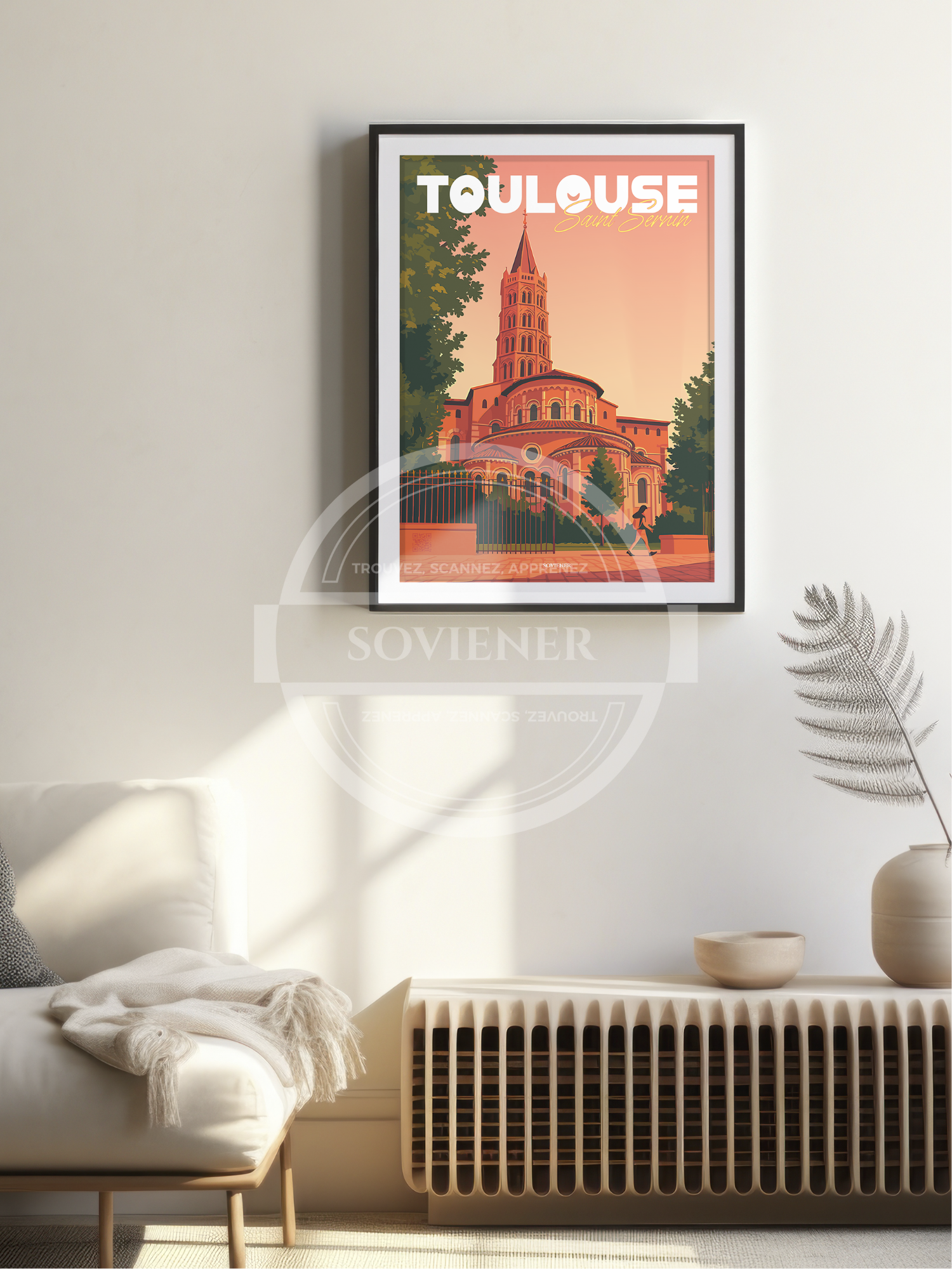 Illustration vintage de la Basilique Saint-Sernin à Toulouse avec son clocher octogonal en briques roses, lumière de fin de journée et lettrage blanc rétro, imprimée à Montauban sur papier 350g.