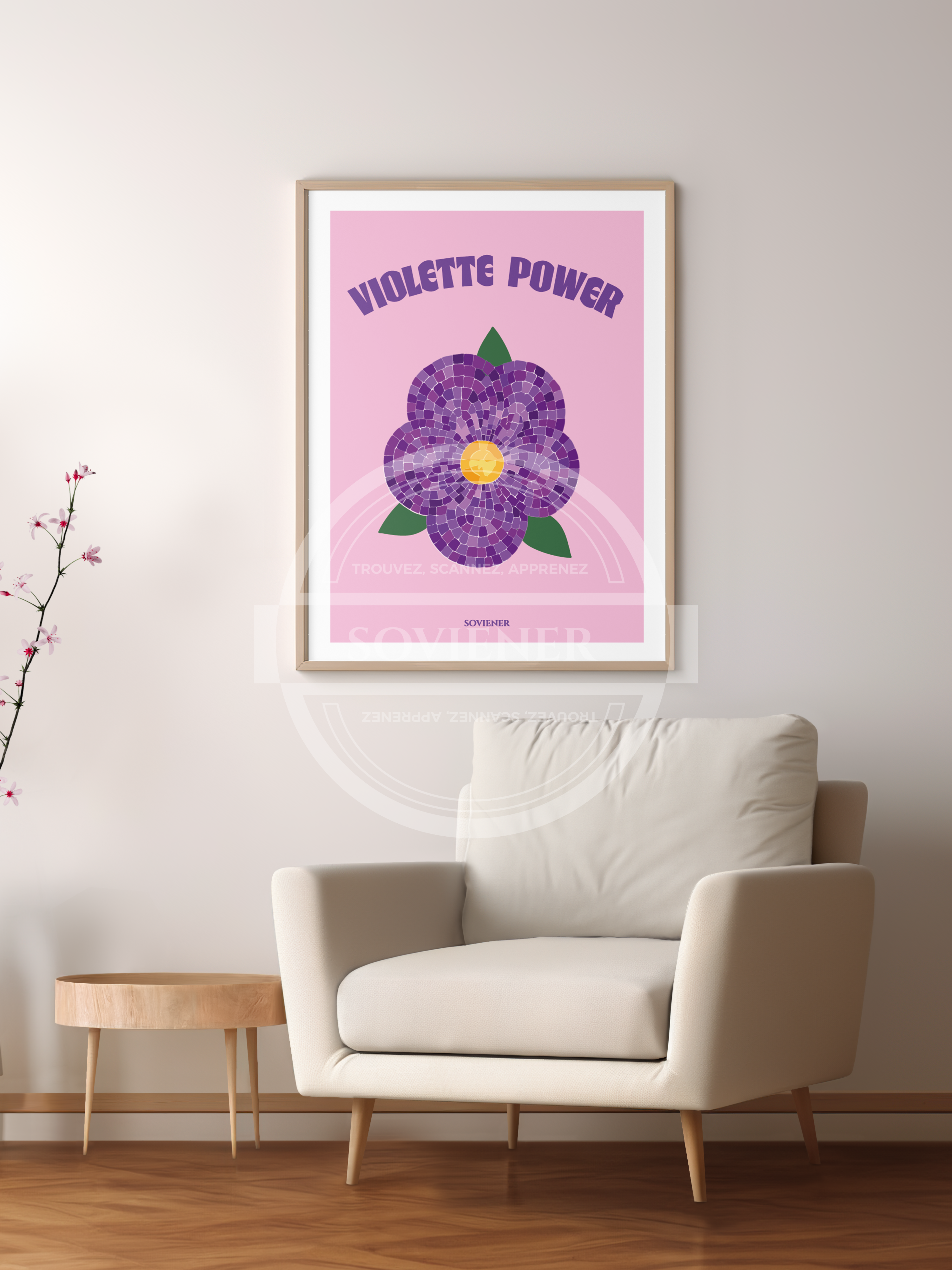 Illustration Pop-Art d'une violette stylisée en mosaïque sur fond rose pastel, texte mauve "VIOLETTE POWER" style rétro, imprimée à Montauban sur papier luxe 350g.
