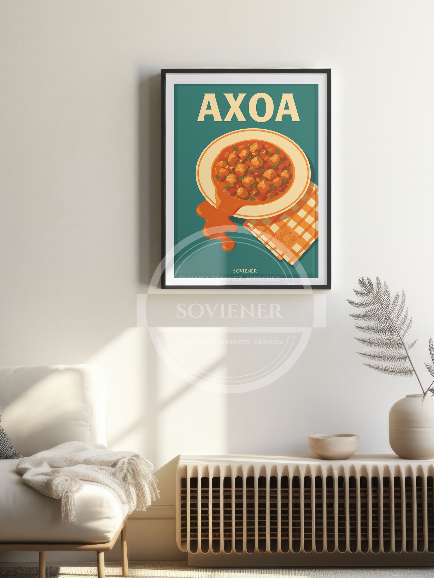 Illustration vintage d'un plat d'Axoa de veau sur fond vert, avec serviette à carreaux orange, lettrage beige "AXOA", affiche cuisine style rétro imprimée à Montauban sur papier 350g.