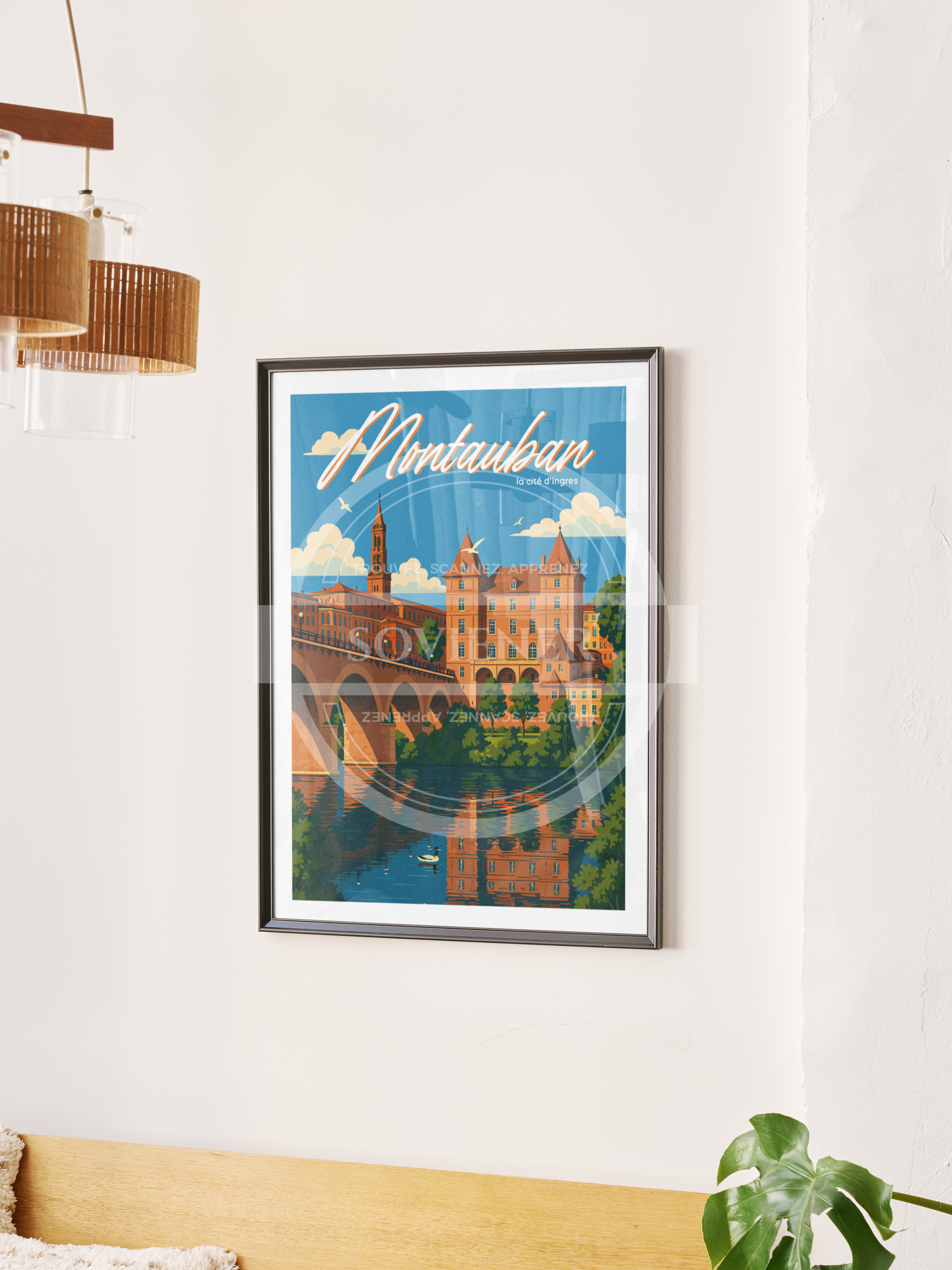 Affiche décorative du musée Ingres de Montauban, du pont vieux et du Tarn, en situation dans un aménagement intérieur