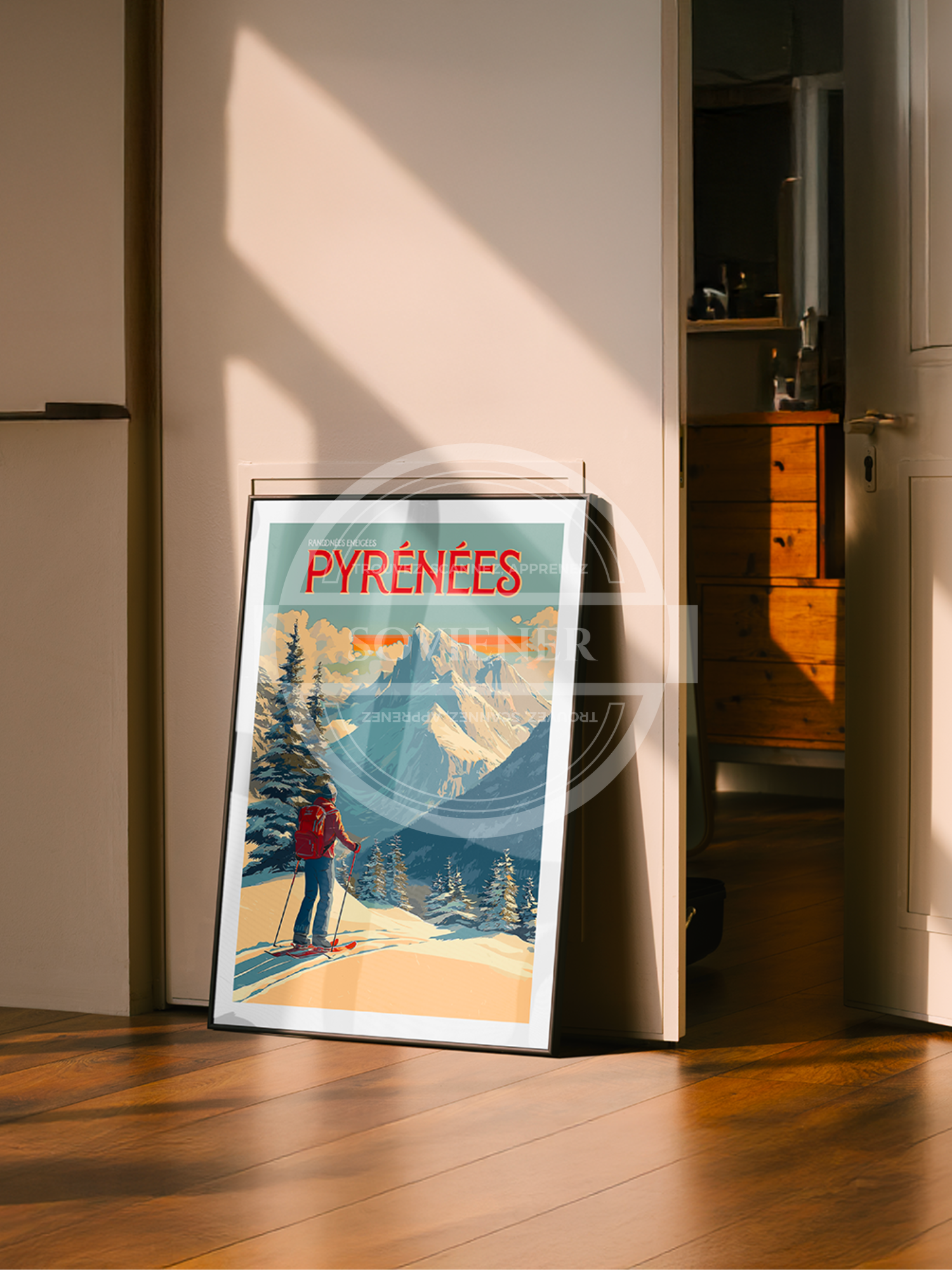 Affiche décorative vintage des Pyrénées montrant un skieur regardant le sommet d'une montagne enneigée.  