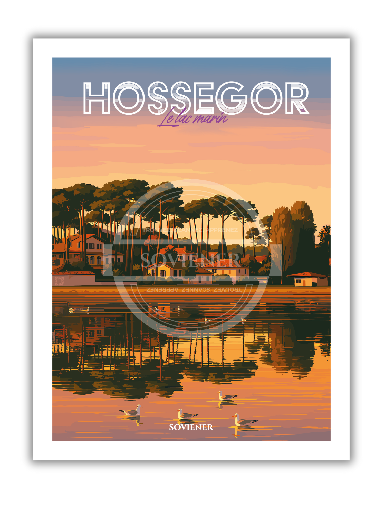 Illustration vintage du lac marin d'Hossegor au coucher du soleil, reflets orangés sur l'eau, pins maritimes et villas basco-landaises en arrière-plan, style rétro, imprimée à Montauban.